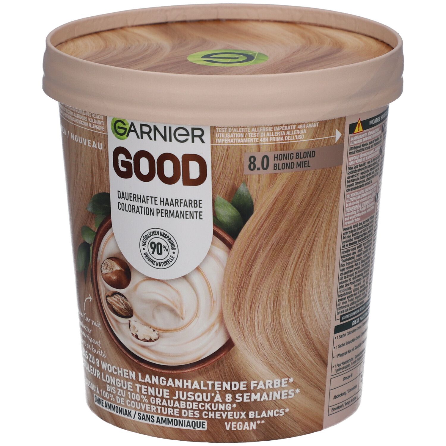 Coloration permanente Garnier GOOD 8.0 Blond miel. Emballage rond avec image du produit et logo de la marque. Vegan.