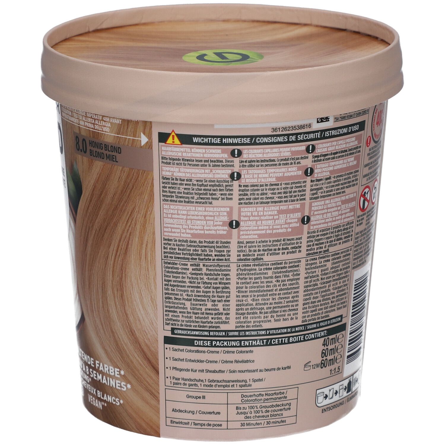Dos de l'emballage de la coloration Garnier GOOD avec informations sur les ingrédients et instructions d'utilisation. Vegan.