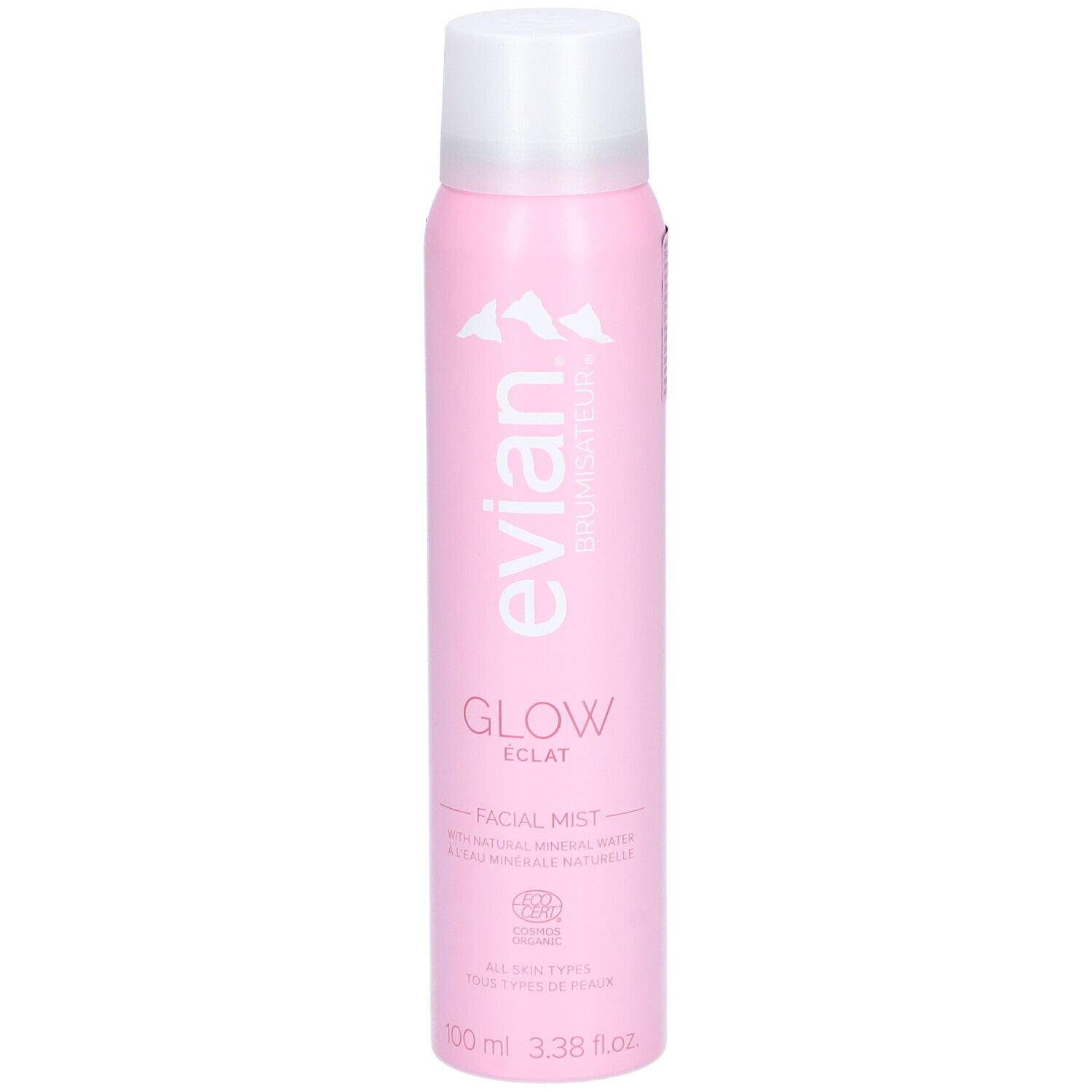Rosa Sprühflasche mit weißem Deckel. Aufschrift: evian, Glow Eclat, Facial Mist. Mit Bio-Zertifizierung.