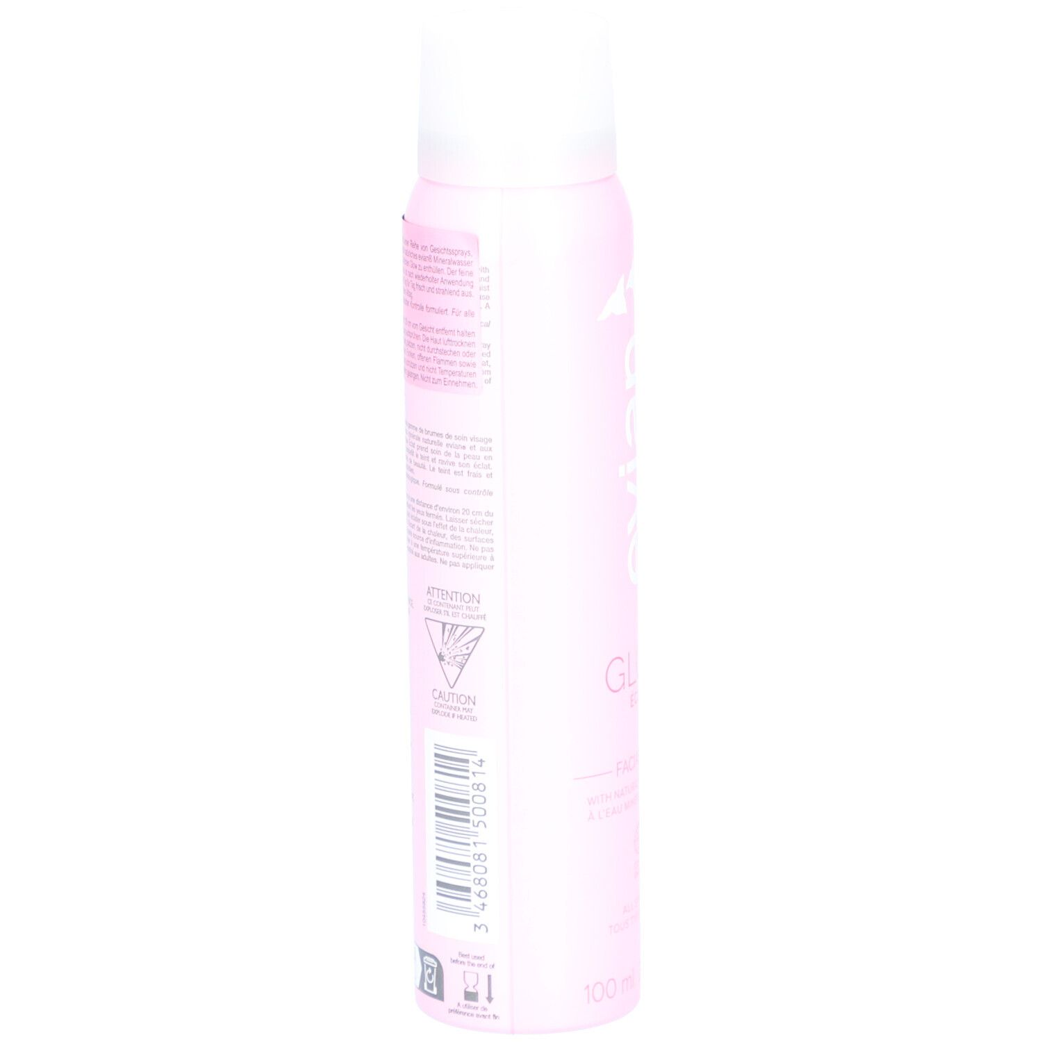 Rosa Sprühflasche, Seitenansicht. Text und Warnhinweise aufgedruckt. Weißer Deckel. 100 ml.