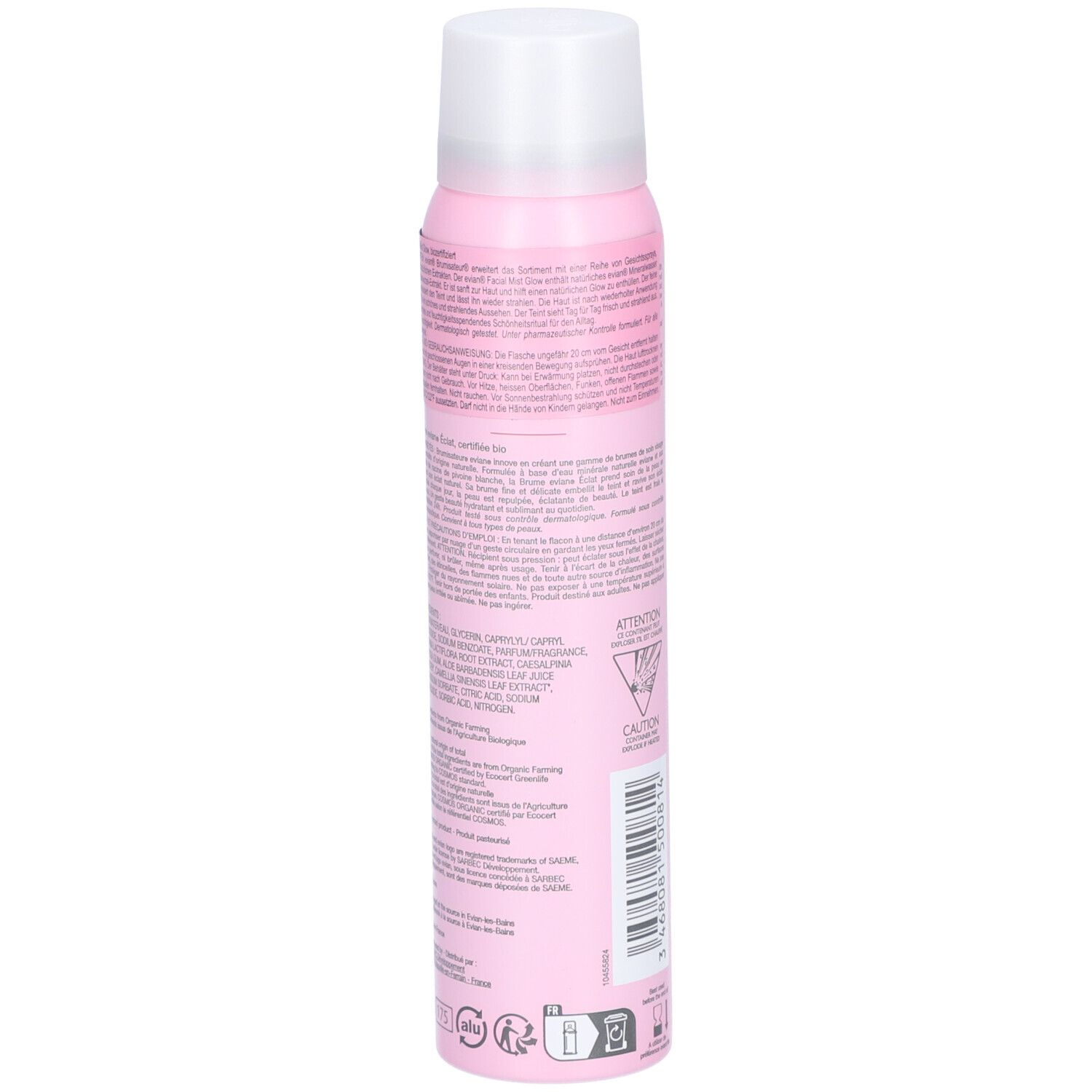 Rosa Sprühflasche, Seitenansicht. Text und Warnhinweise aufgedruckt. Weißer Deckel. 100 ml.