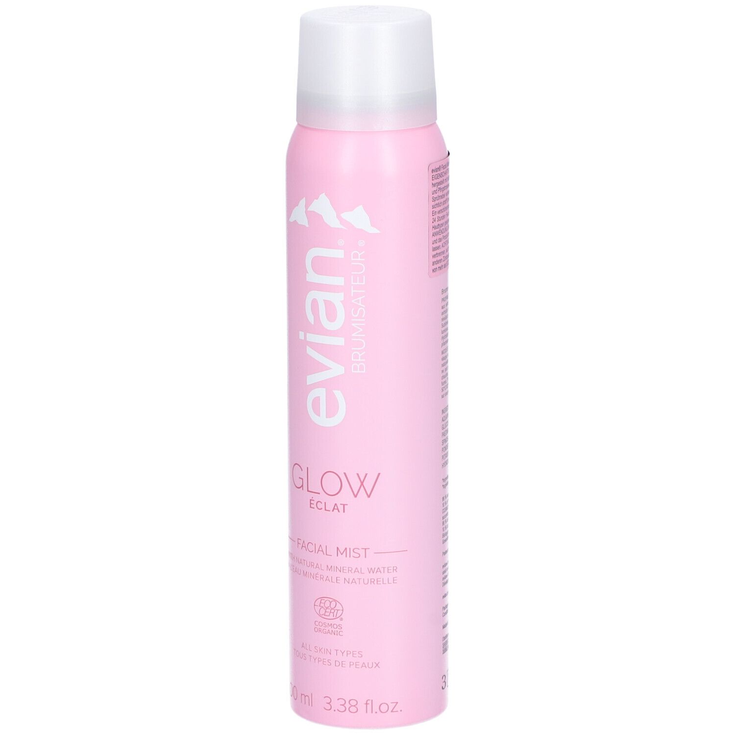 Rosa Sprühflasche mit weißem Deckel. Aufschrift: evian, Glow Eclat, Facial Mist. Mit Bio-Zertifizierung.