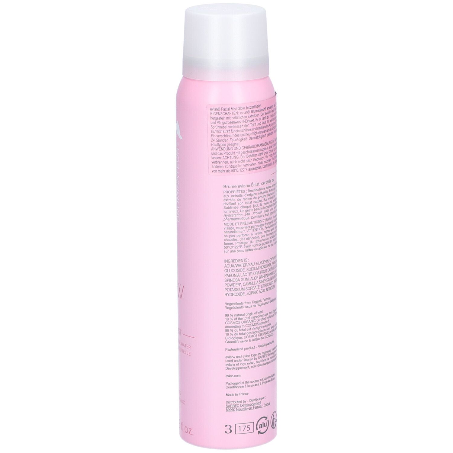 Rosa Sprühflasche, Seitenansicht. Text und Warnhinweise aufgedruckt. Weißer Deckel. 100 ml.
