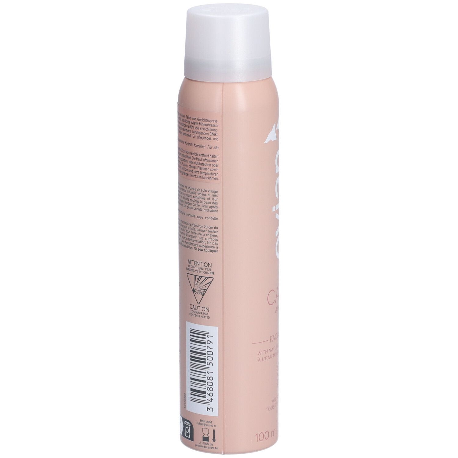 Dos du flacon Evian brumisateur CALM. Texte et code-barres. Avertissements et ingrédients. Flacon rose avec bouchon blanc.