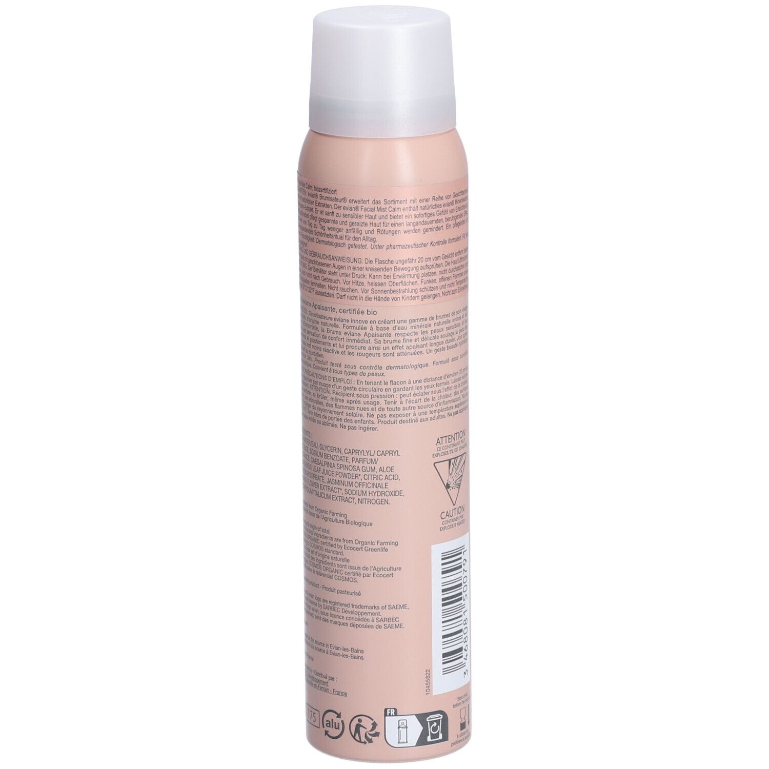 Dos du flacon Evian brumisateur CALM. Texte et code-barres. Avertissements et ingrédients. Flacon rose avec bouchon blanc.