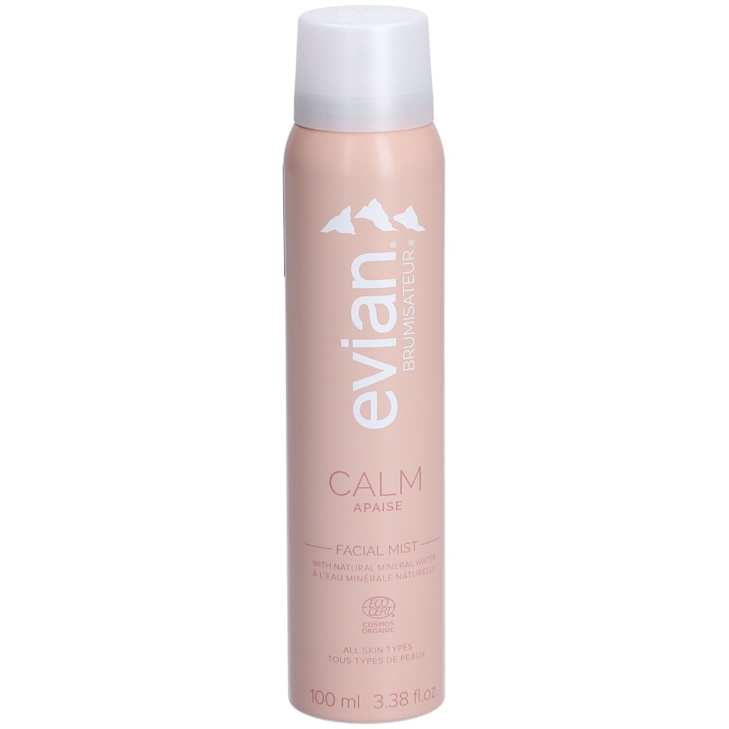Evian brumisateur CALM, flacon rose avec bouchon blanc. Texte: evian, CALM, Facial Mist. Avec eau minérale naturelle.