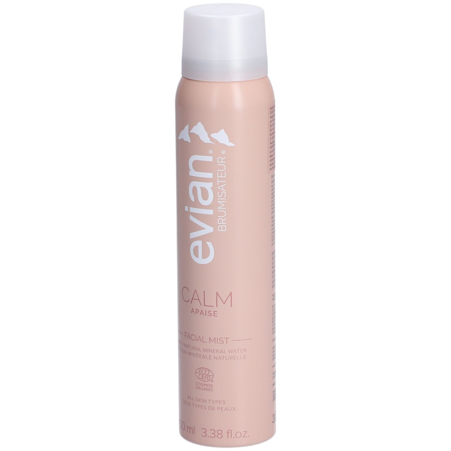 Evian brumisateur CALM, flacon rose avec bouchon blanc. Texte: evian, CALM, Facial Mist. Avec eau minérale naturelle.
