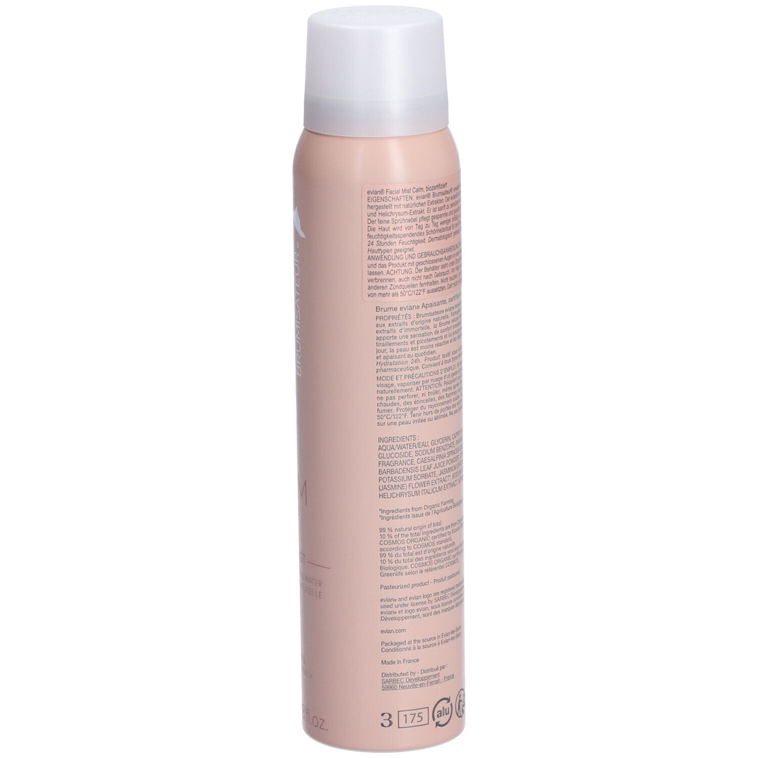 Dos du flacon Evian brumisateur CALM. Texte et code-barres. Avertissements et ingrédients. Flacon rose avec bouchon blanc.