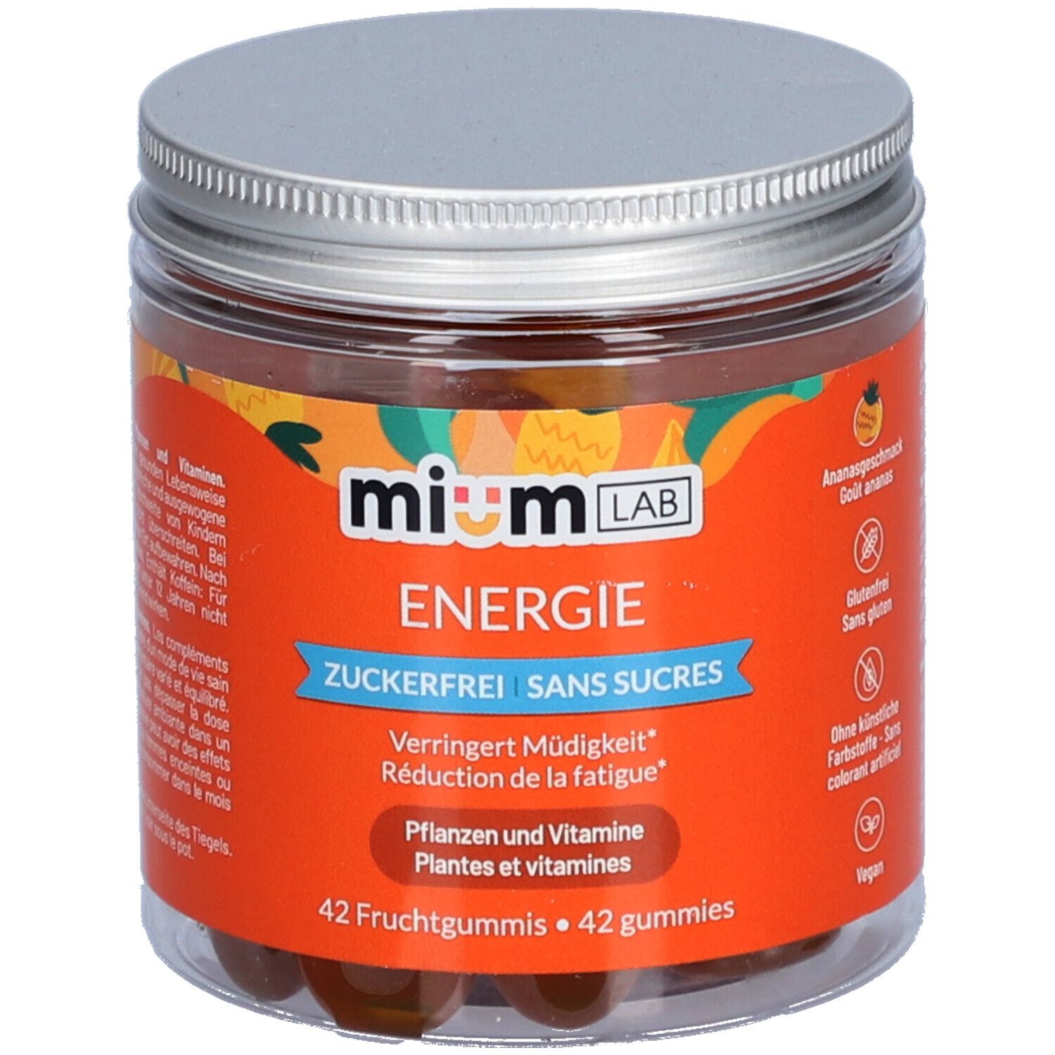 Klare Dose mit silbernem Deckel. Orangefarbenes Etikett mit Text: Energie, zuckerfrei, 42 Fruchtgummis. Marke: MIUMLAB.