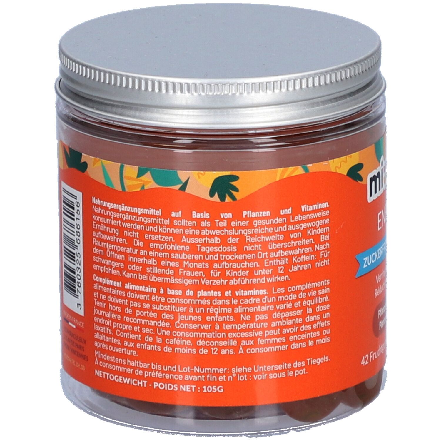 Rückseite einer Dose mit silbernem Deckel. Orangefarbenes Etikett mit Text. Enthält 105g. Marke: MIUMLAB.