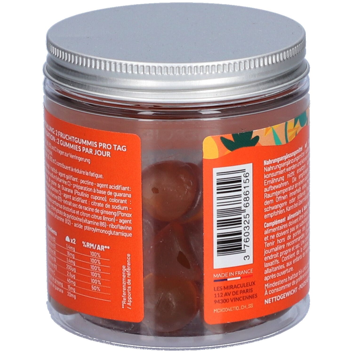 Rückseite einer Dose mit silbernem Deckel. Orangefarbenes Etikett mit Text und Barcode. Marke: MIUMLAB.