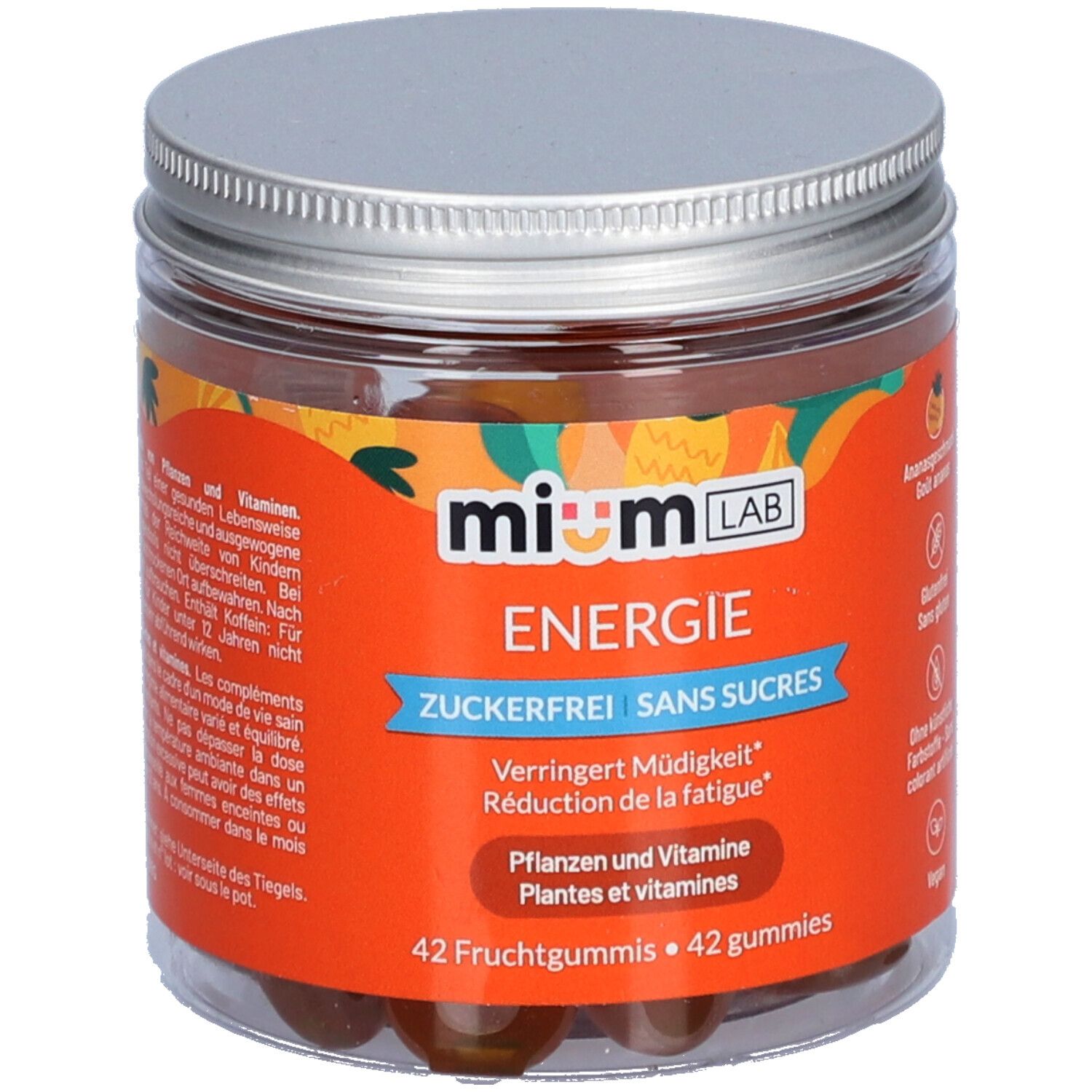 Klare Dose mit silbernem Deckel. Orangefarbenes Etikett mit Text: Energie, zuckerfrei, 42 Fruchtgummis. Marke: MIUMLAB.