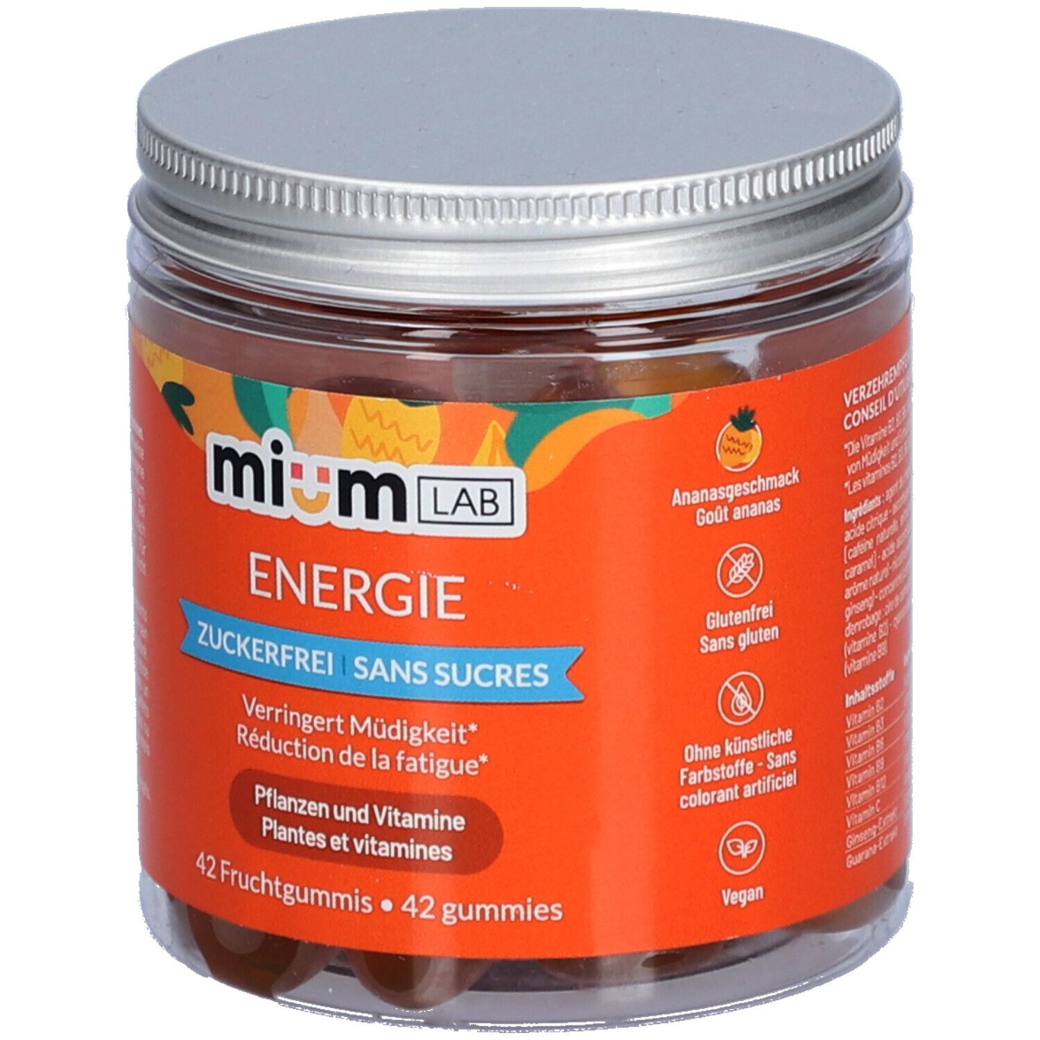 Klare Dose mit silbernem Deckel. Orangefarbenes Etikett mit Text: Energie, zuckerfrei, 42 Fruchtgummis. Marke: MIUMLAB.