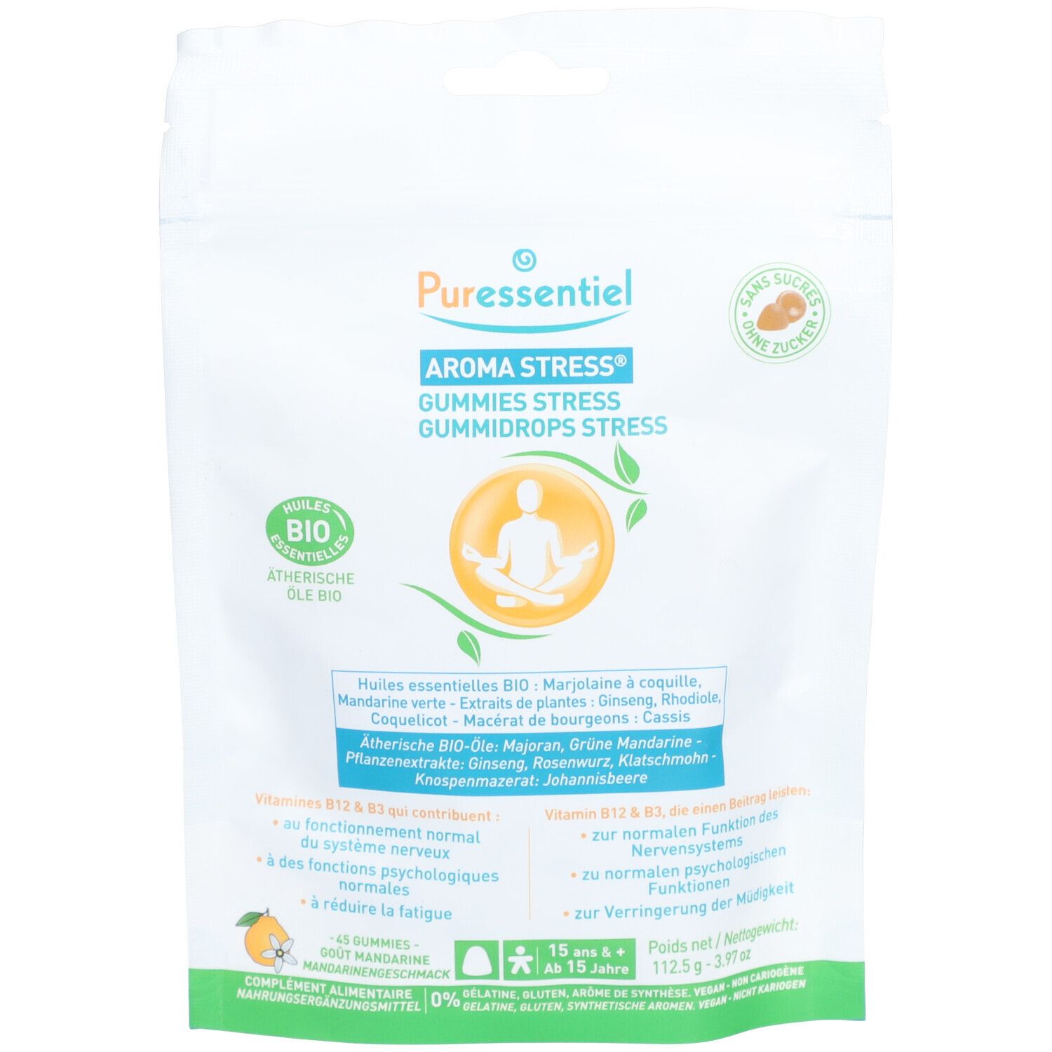 Beutel mit PURESSENTIEL Aroma Stress® Gummies. Bio-Siegel, Text: "Gummies Stress".