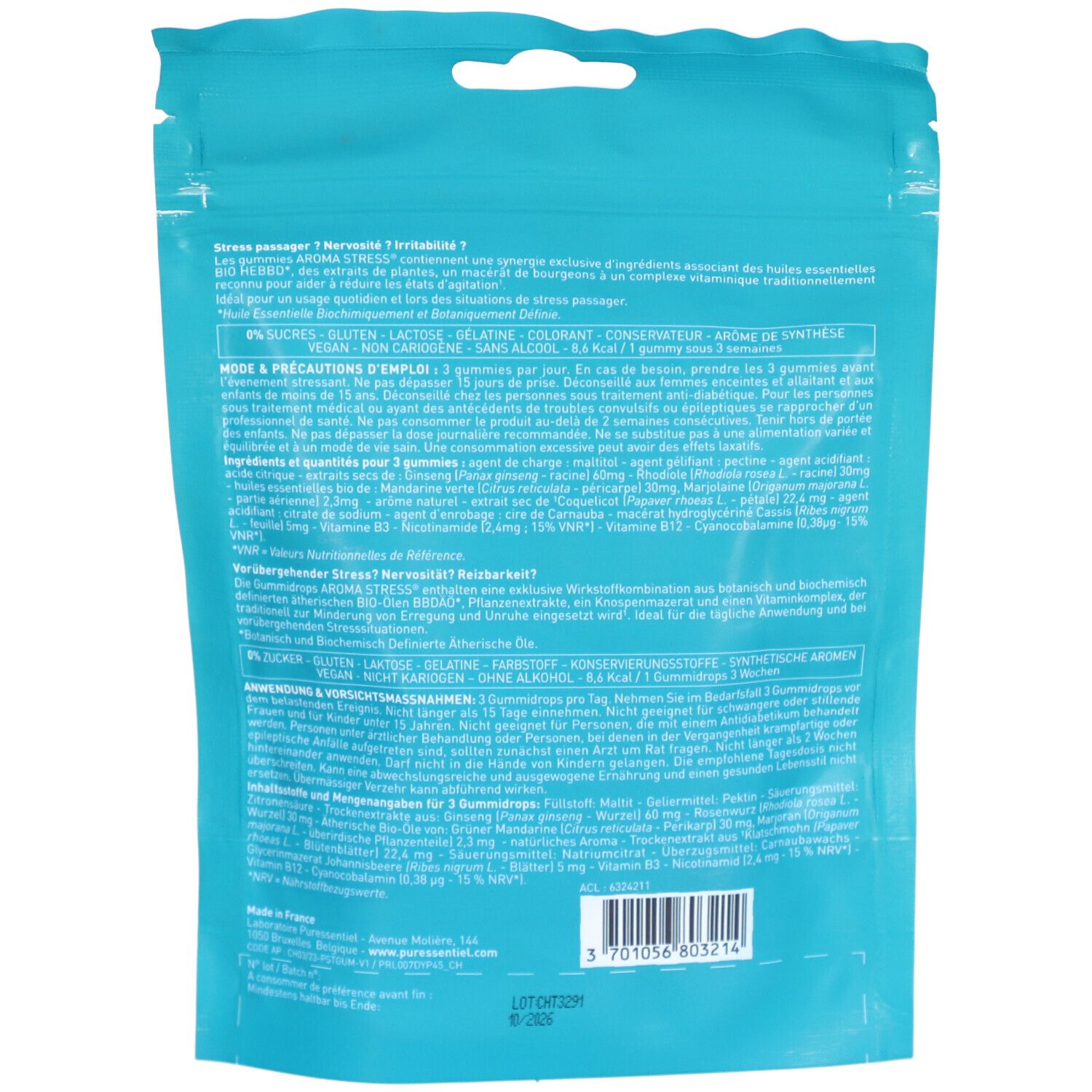 Rückseite der PURESSENTIEL Aroma Stress® Gummies Verpackung. Text und Inhaltsstoffe.