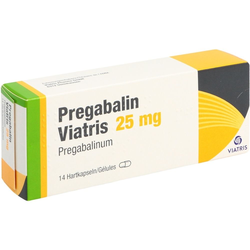 Verpackung von Pregabalin Viatris 25 mg. Aufschrift: Pregabalin Viatris 25 mg, 14 Hartkapseln/Gélules.