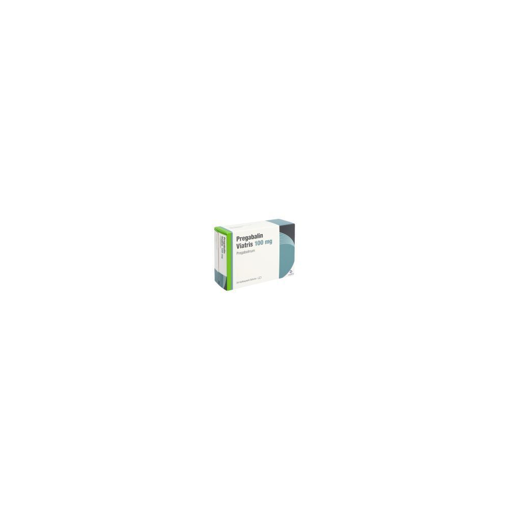 Boîte de PREGABALIN Viatris Kaps 100 mg. Blanche, verte et bleue. Inscription : Pregabalin Viatris 100 mg. 84 unités.
