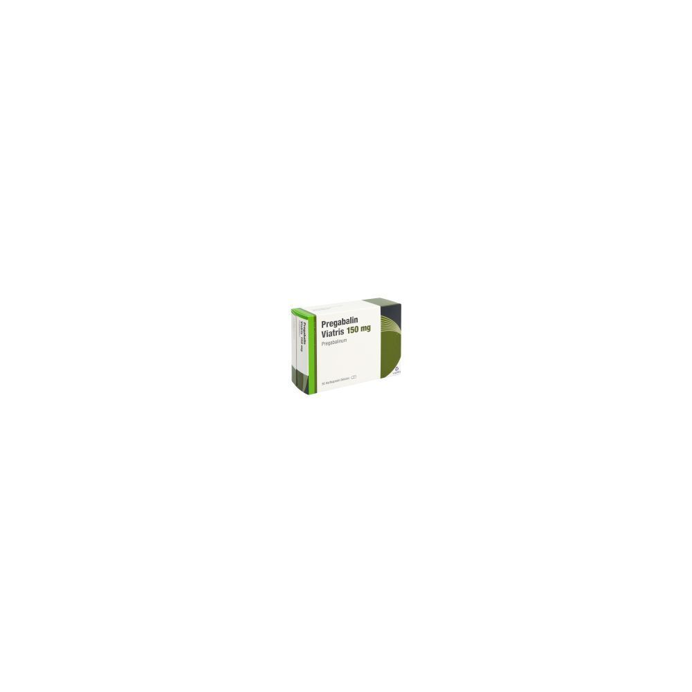 Karton PREGABALIN Viatris 150 mg. Weiß, grün und schwarz. Text: Pregabalin Viatris 150 mg.