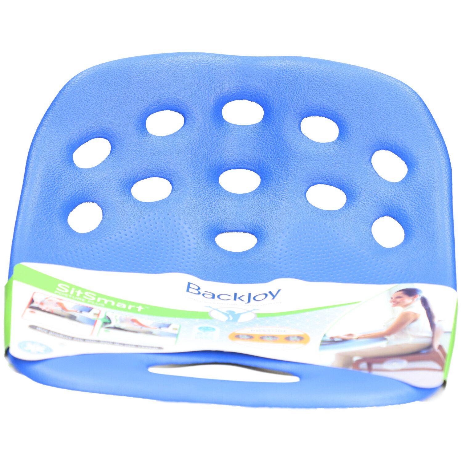 Support d'assise bleu avec trous. Texte: Backjoy, SitSmart. Illustration d'une personne.