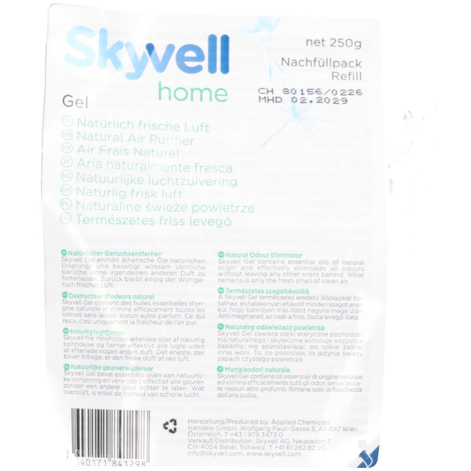 Skyvell Home Gel Nachfüllpackung. Weiße Verpackung mit Produktnamen und Text in mehreren Sprachen. Netto 250g.