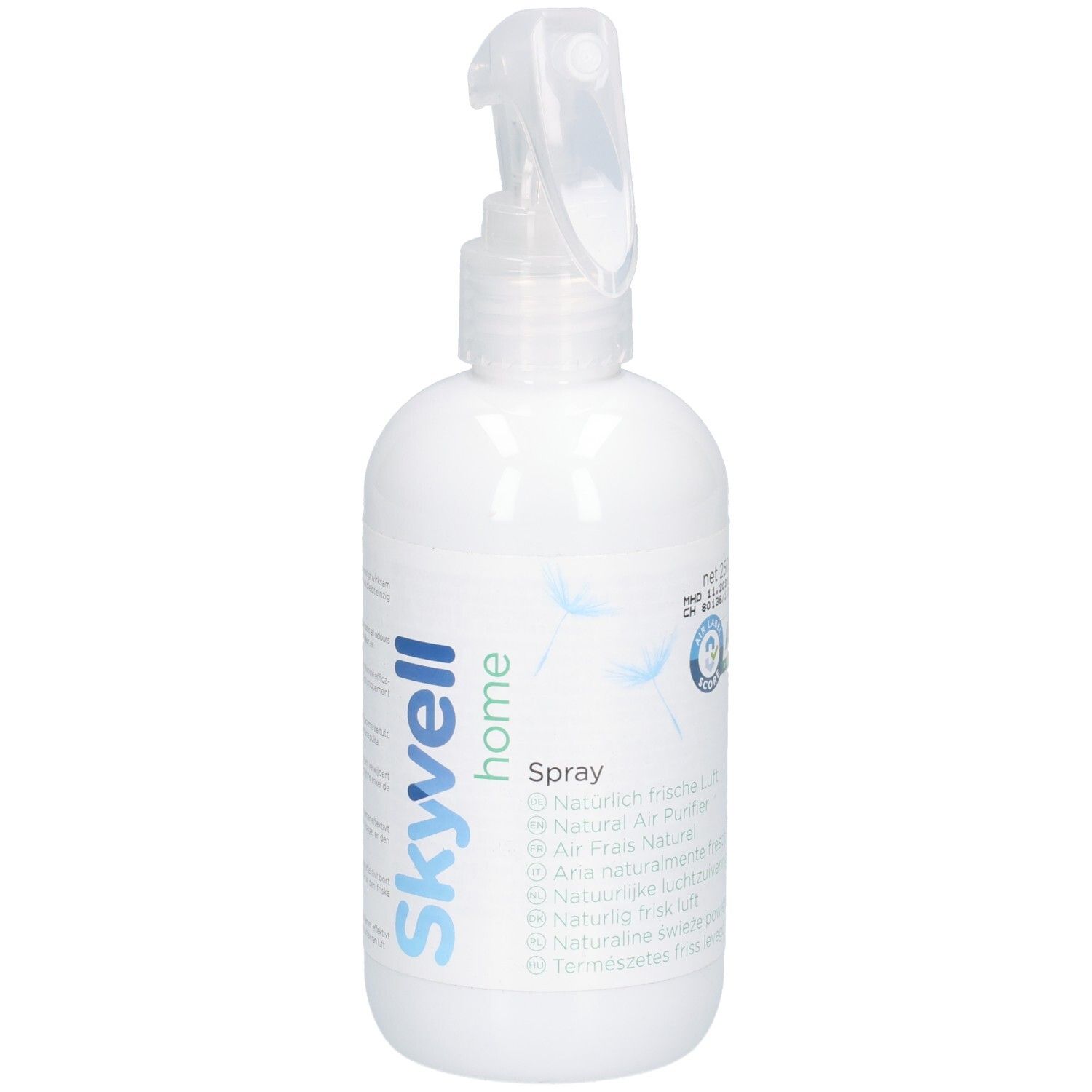 Weiße Sprühflasche mit blauem Skyvell home-Logo. Text: Spray, natürlich frische Luft. Transparenter Sprühkopf.
