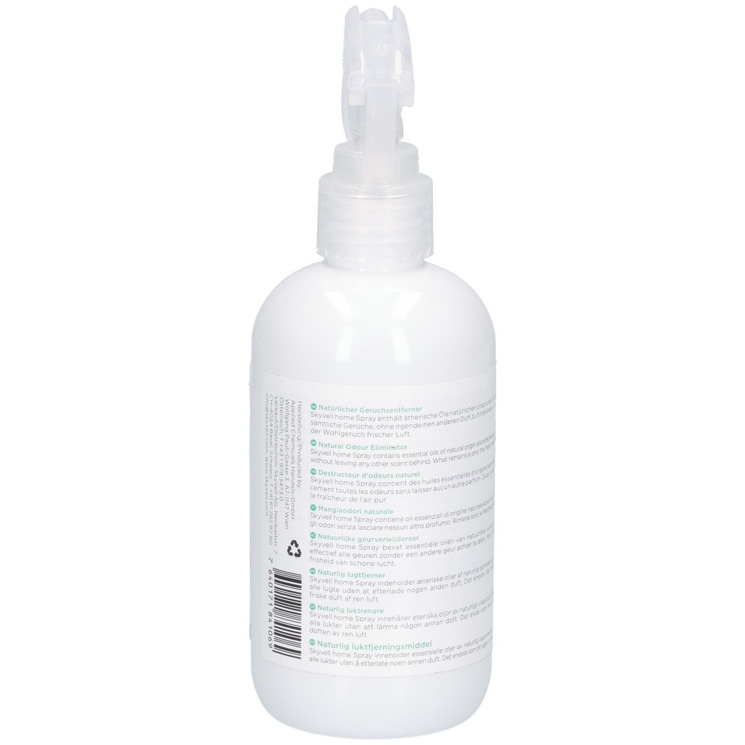 Weiße Sprühflasche mit Text. Rückseite mit Text in verschiedenen Sprachen. Transparenter Sprühkopf.