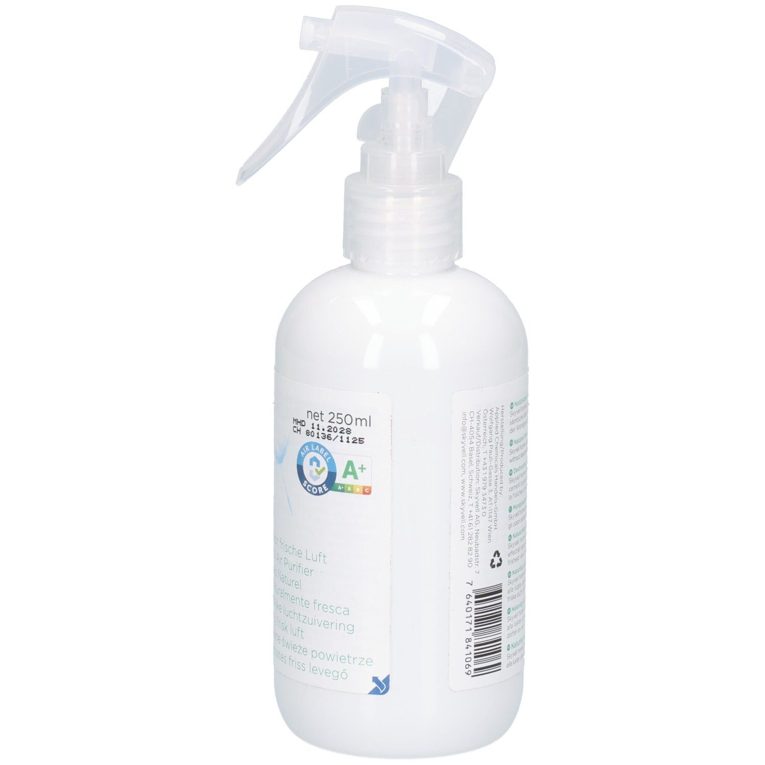 Weiße Sprühflasche mit Text und Logo. Text: Spray, natürlich frische Luft. Transparenter Sprühkopf. Netto 250ml.
