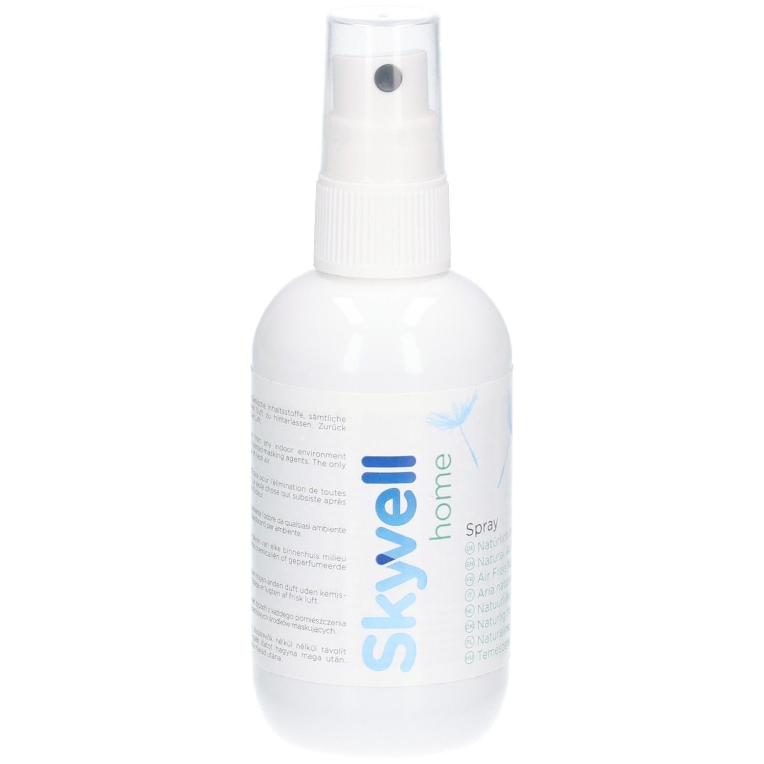 Weiße Sprühflasche mit blauem Skyvell Home-Logo. Transparenter Sprühkopf. Text in mehreren Sprachen.
