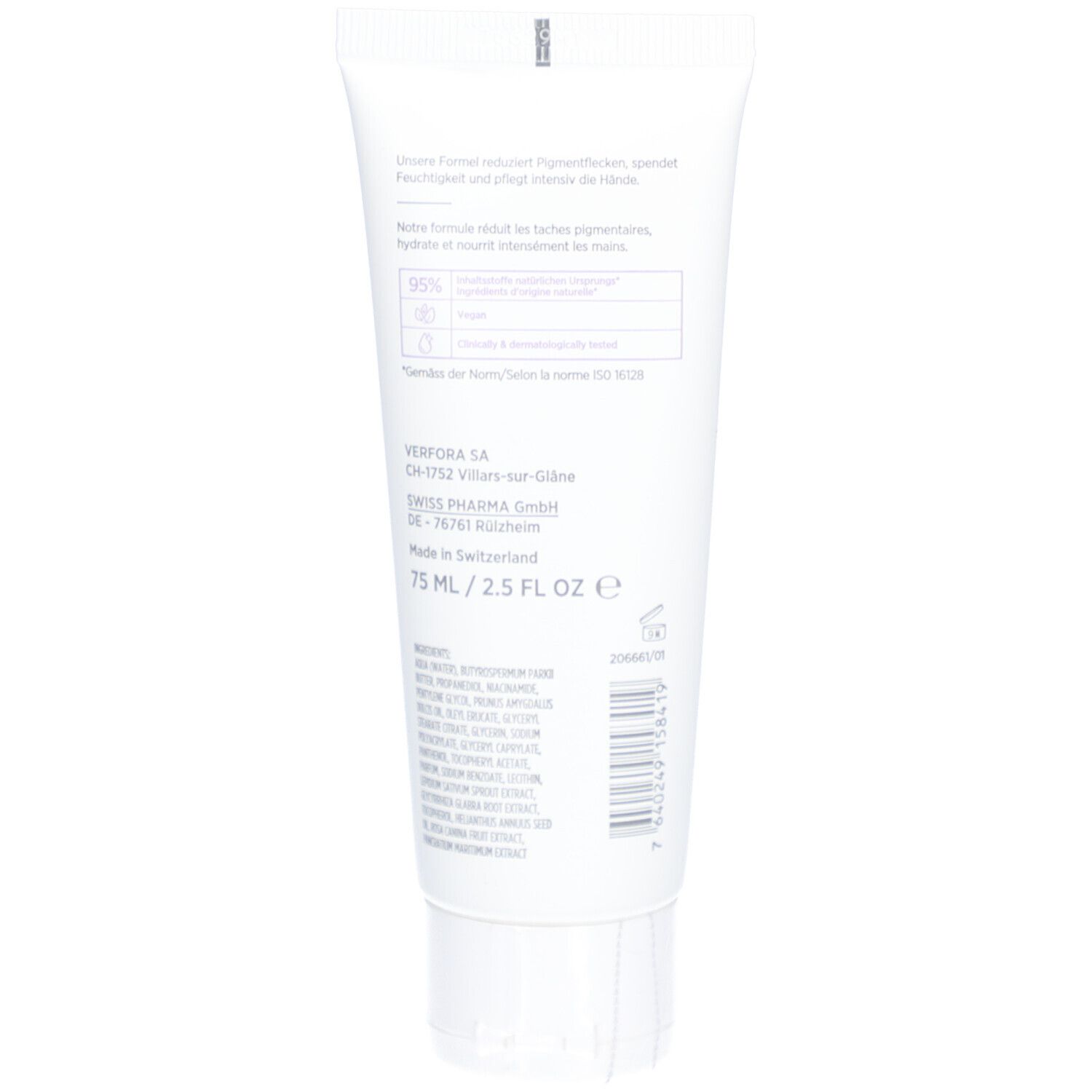 Rückseite der weißen Tube. Text: Inhaltsstoffe, Herstelleradresse, 75 ml/2.5 FL OZ. Hergestellt in der Schweiz.