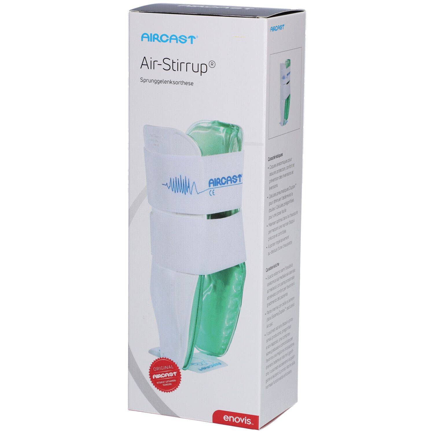 Aircast Air-Stirrup orthèse de cheville dans son emballage. Blanc, vert. Logo Aircast, marquage CE, autocollant rouge.
