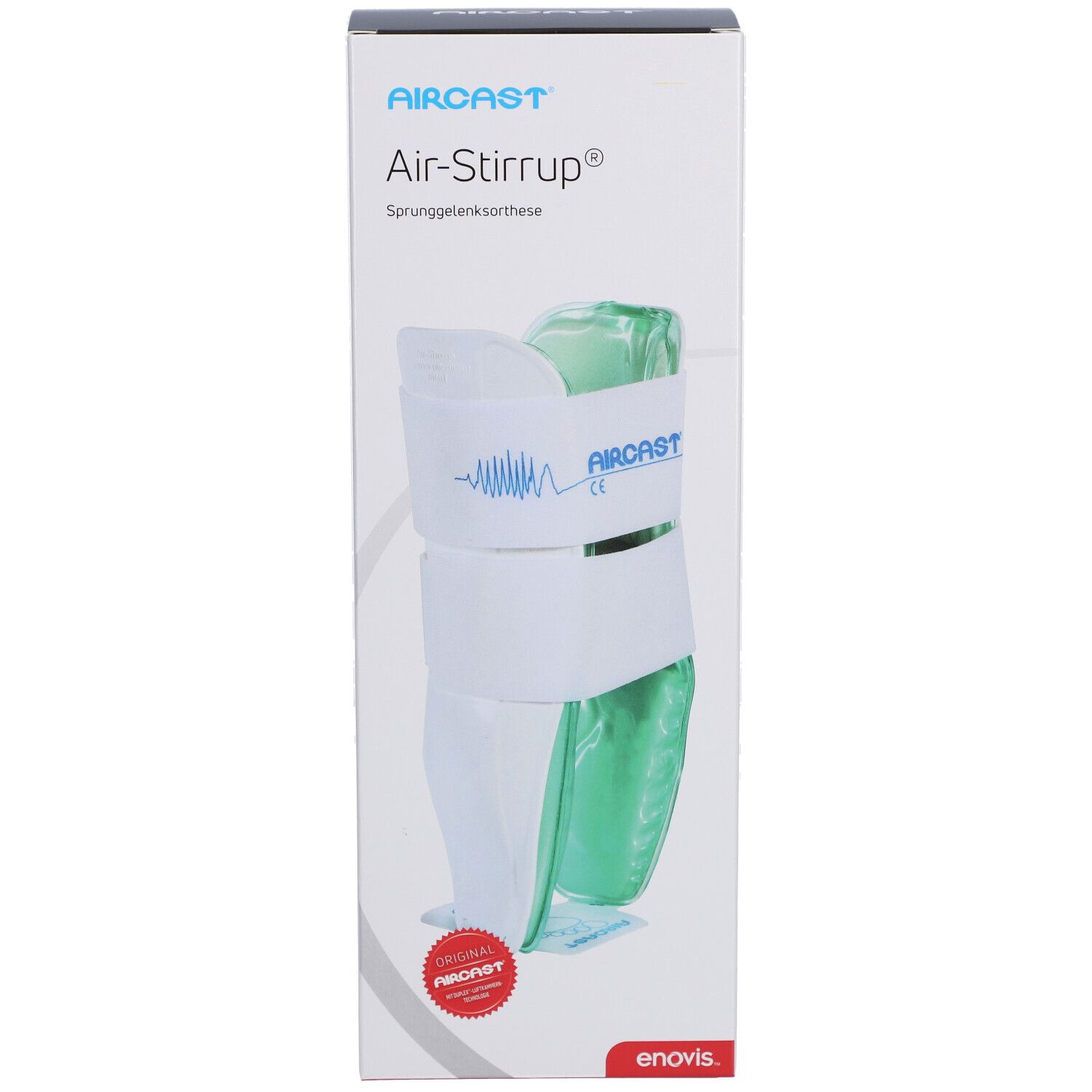 Aircast Air-Stirrup orthèse de cheville dans son emballage. Blanc, vert. Logo Aircast, marquage CE, autocollant rouge.