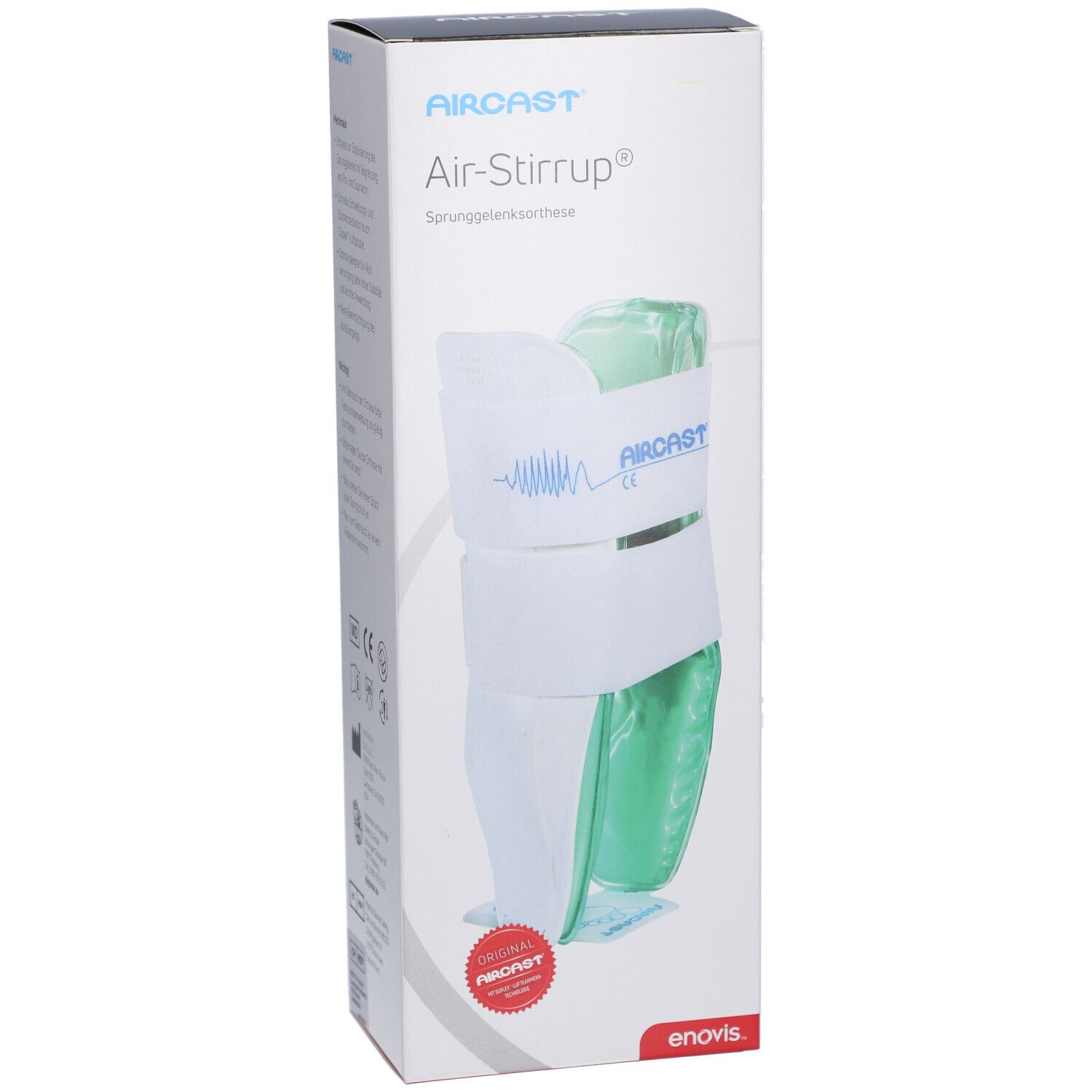 Aircast Air-Stirrup orthèse de cheville dans son emballage. Blanc, vert. Logo Aircast, marquage CE, autocollant rouge.