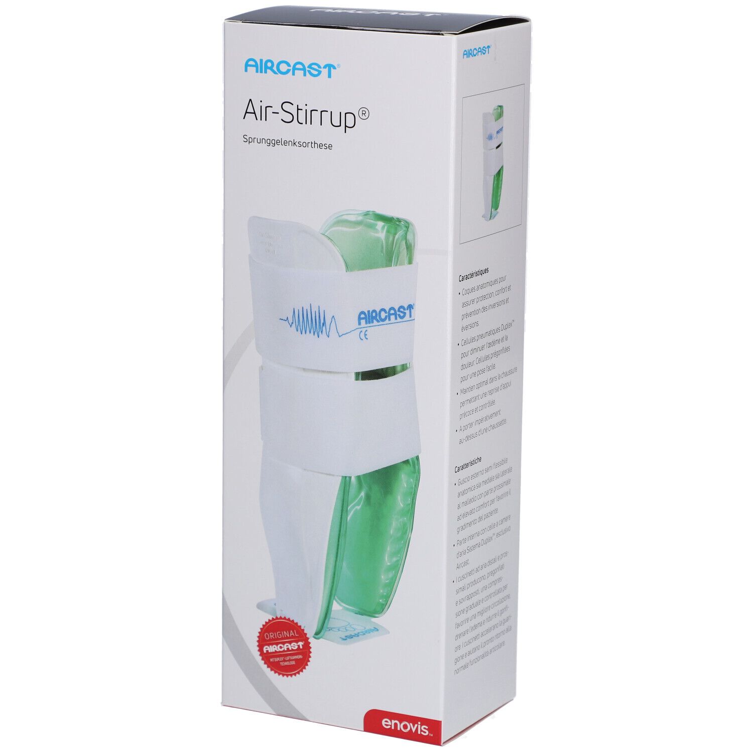 AIRCRAFT Air-Stirrup Knöchelorthese in Verpackung. Weiß, grün, mit rotem Siegel. Text: Air-Stirrup, enovis.