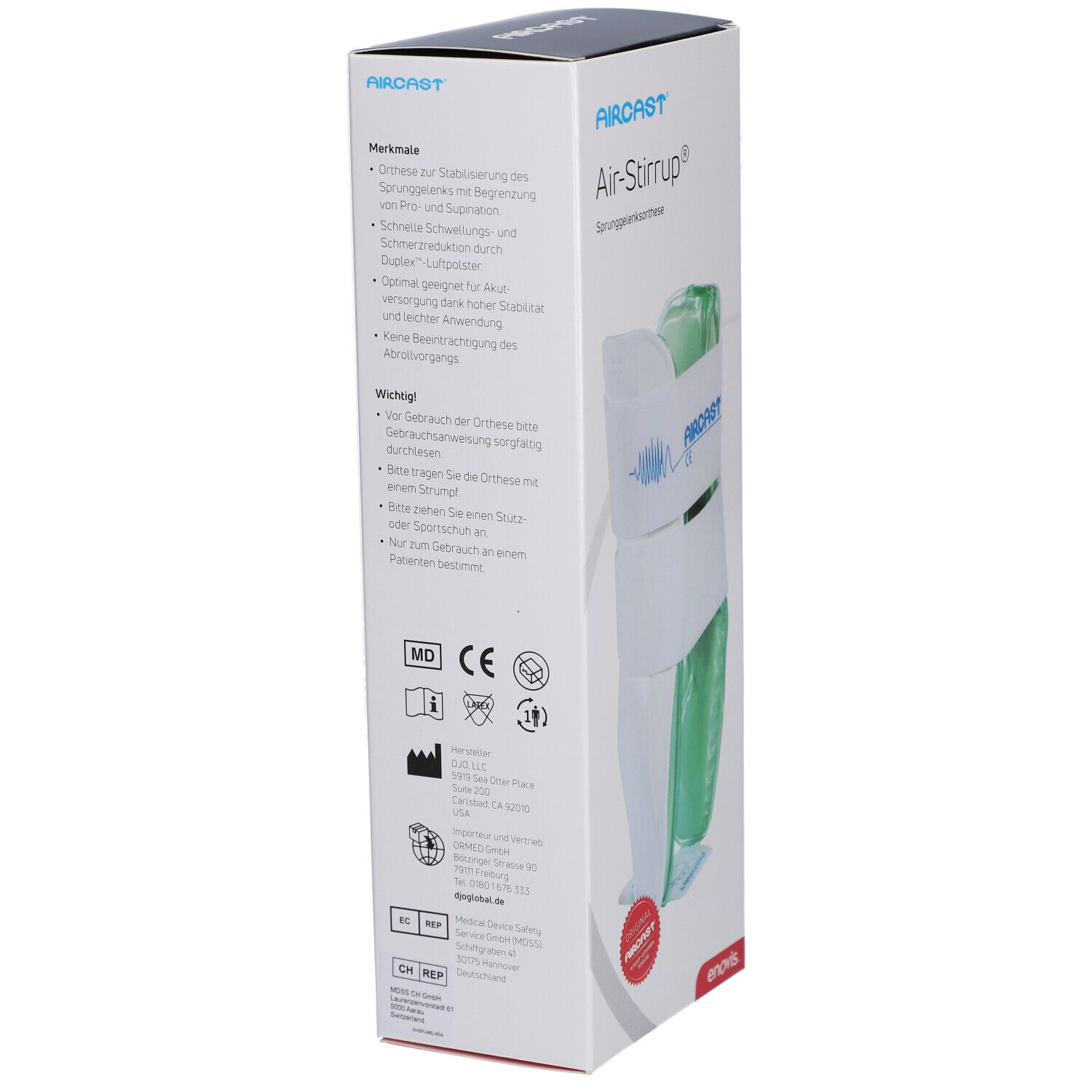 Verpackung der Air-Stirrup Knöchelorthese. Weiß, grün, mit Text und Logos. Text: Air-Stirrup, enovis, MD, CE.