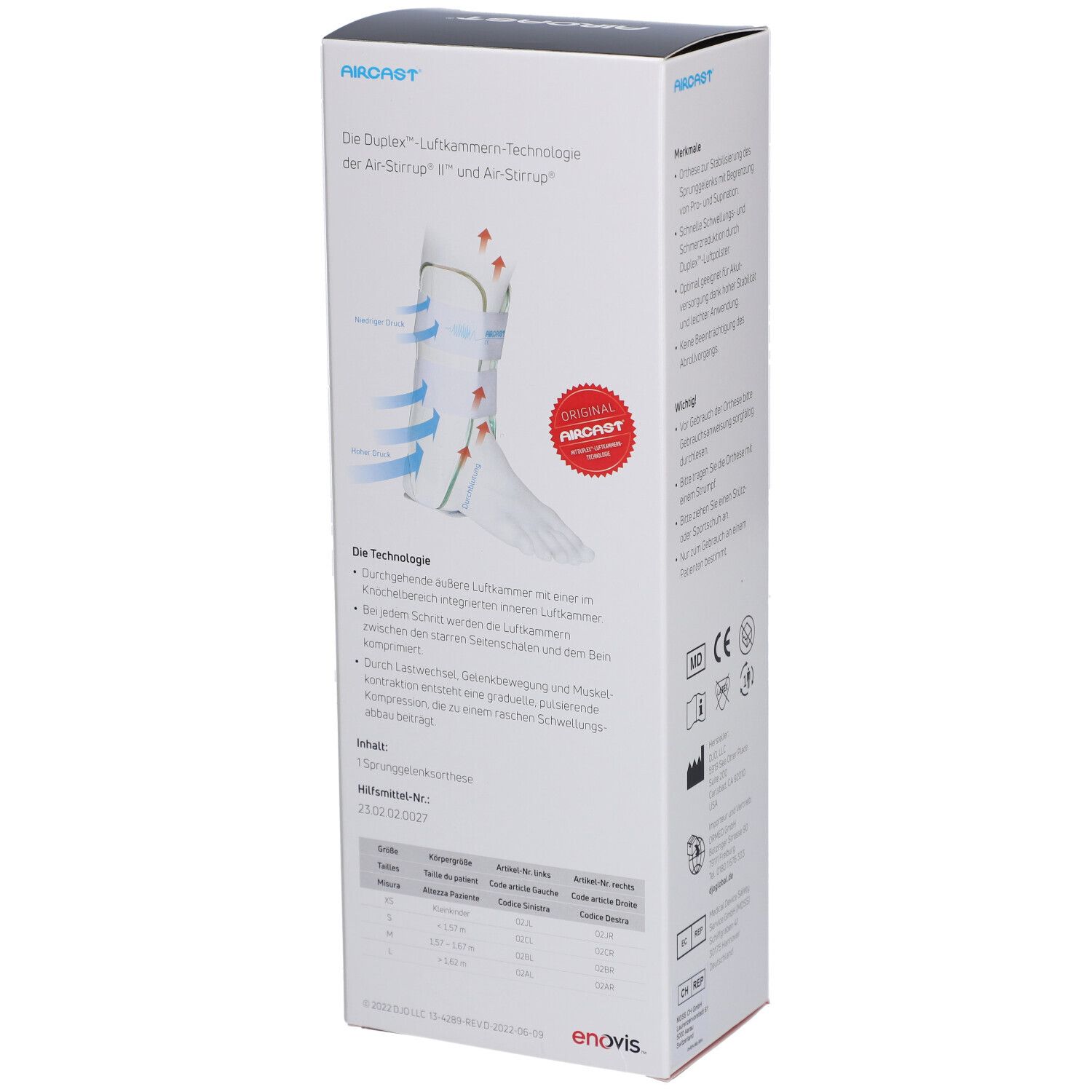 Verpackung der Air-Stirrup Knöchelorthese. Weiß, grün, mit Text und Logos. Text: Air-Stirrup, enovis, MD, CE.