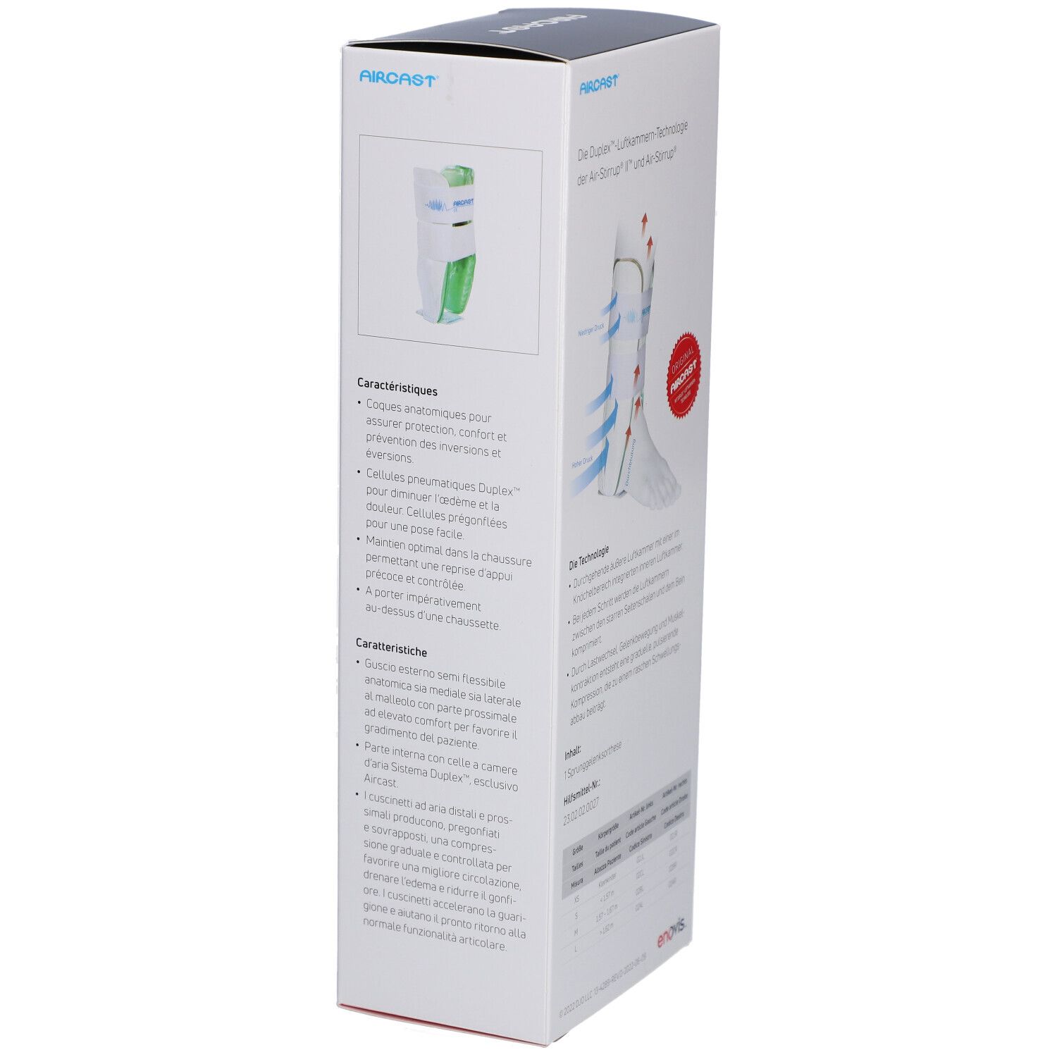 Verpackung der Air-Stirrup Knöchelorthese. Weiß, grün, mit Text und Logos. Text: Air-Stirrup, enovis, MD, CE.