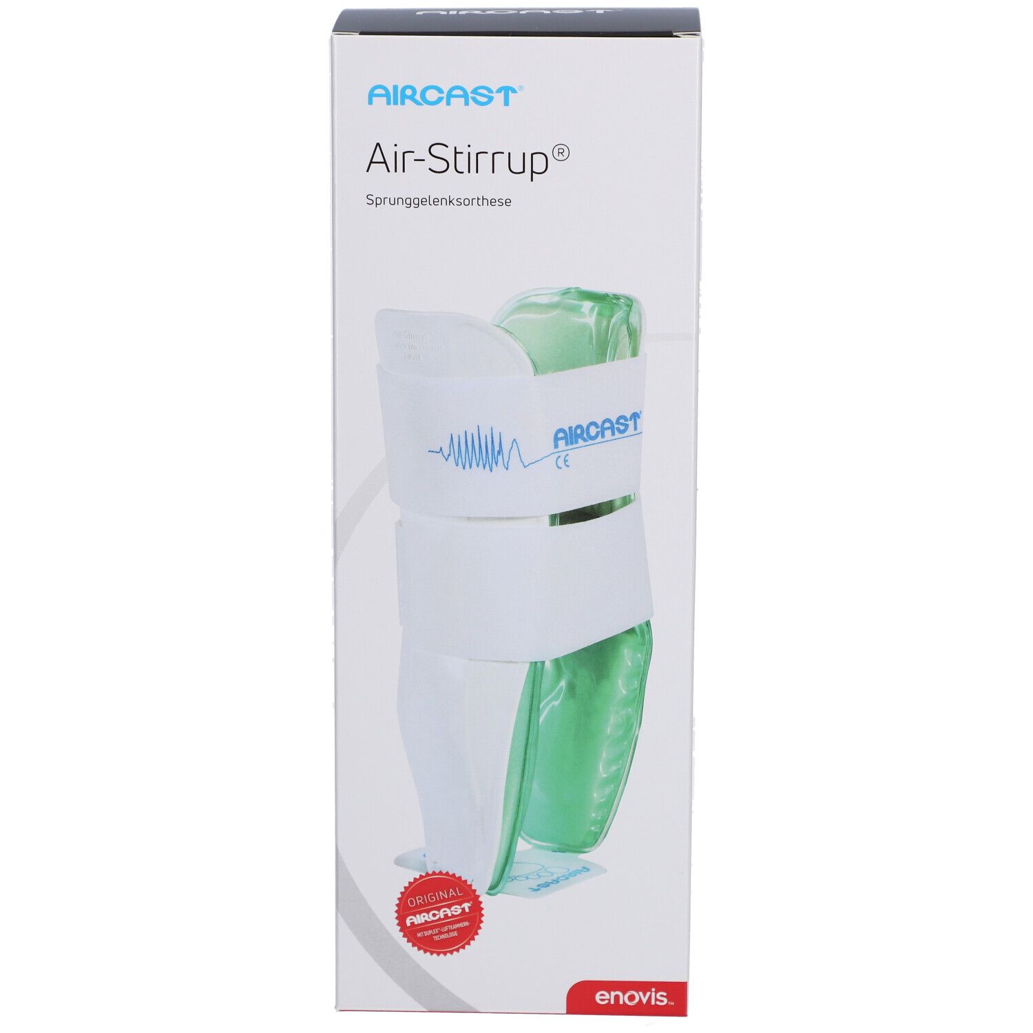 AIRCRAFT Air-Stirrup Knöchelorthese in Verpackung. Weiß, grün, mit rotem Siegel. Text: Air-Stirrup, enovis.