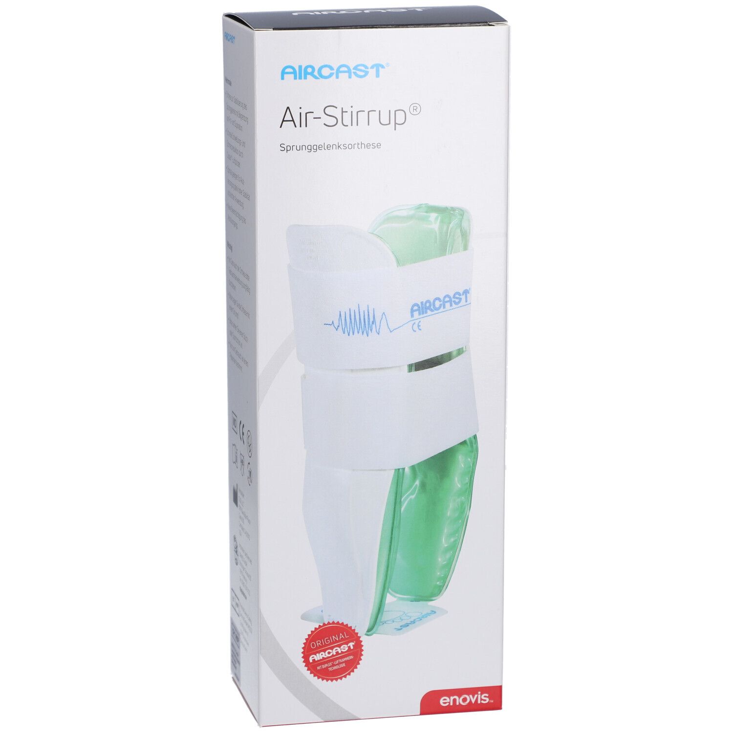 AIRCRAFT Air-Stirrup Knöchelorthese in Verpackung. Weiß, grün, mit rotem Siegel. Text: Air-Stirrup, enovis.