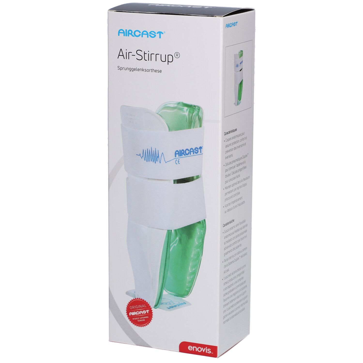 Aircast Air-Stirrup Knöchelorthese in Verpackung. Weiß, grün und blau. CE-Zeichen und rotes Siegel.