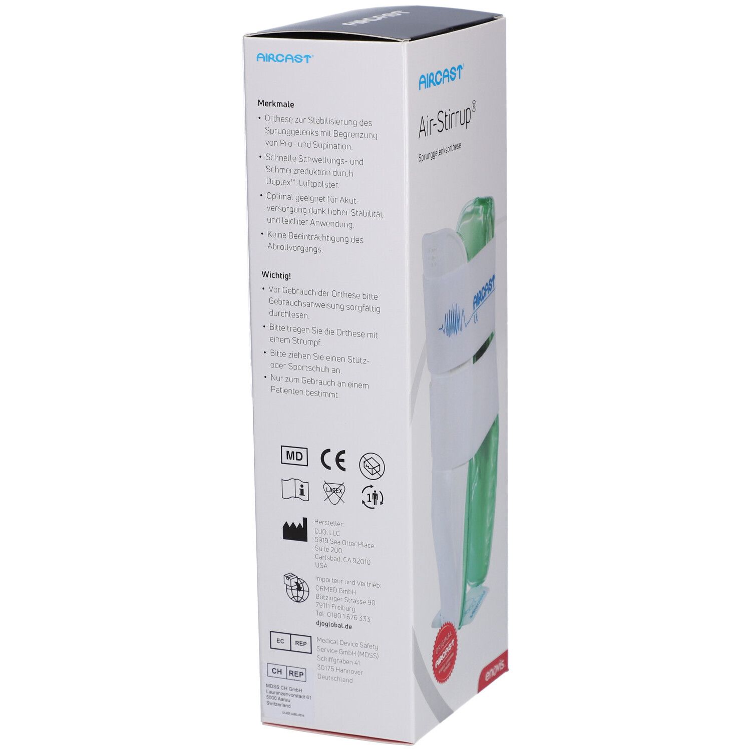 Verpackung der Aircast Air-Stirrup Knöchelorthese. Text auf Deutsch. CE-Zeichen und rotes Siegel.