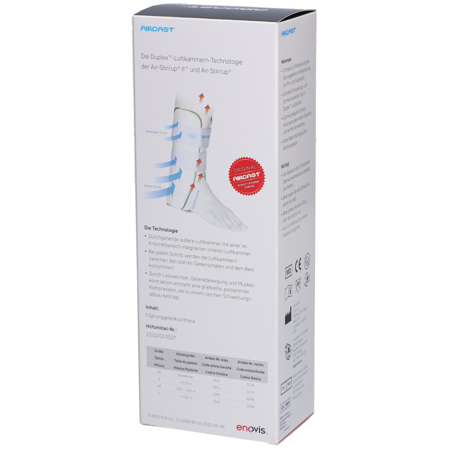 Rückseite der Verpackung der Aircast Air-Stirrup Knöchelorthese. Text und Diagramme. Rotes Siegel.