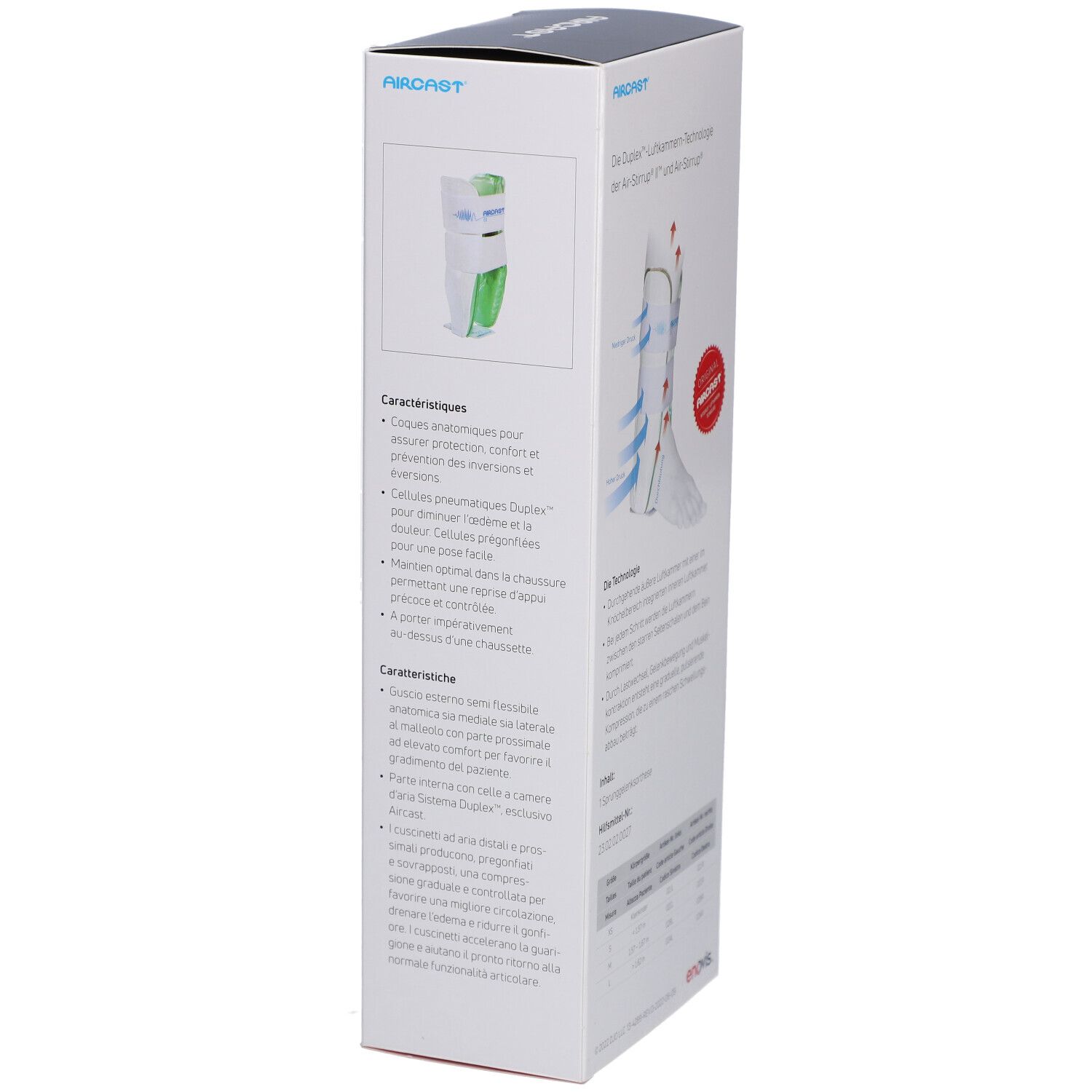 Seite der Verpackung der Aircast Air-Stirrup Knöchelorthese. Text und Diagramme. Rotes Siegel.