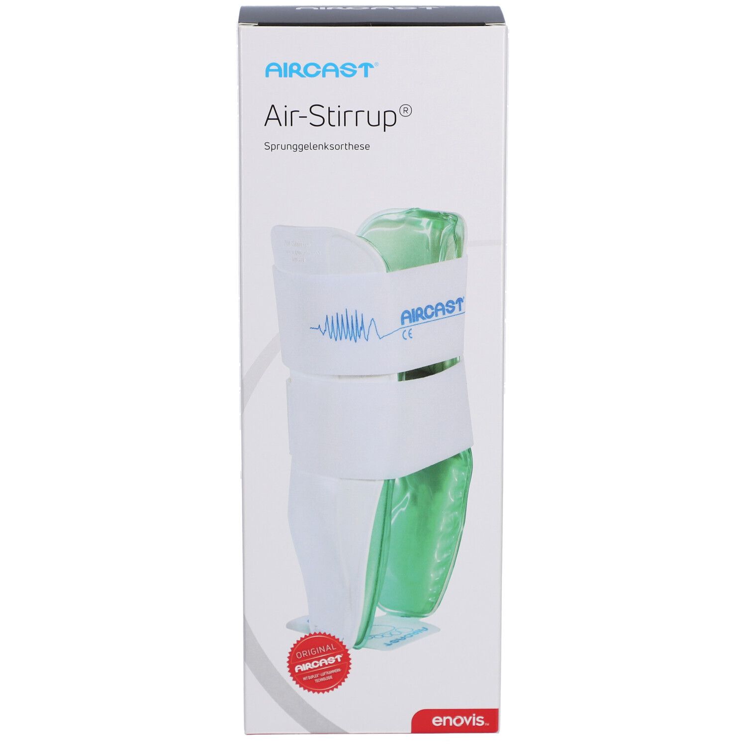 Aircast Air-Stirrup Knöchelorthese in Verpackung. Weiß, grün und blau. CE-Zeichen und rotes Siegel.