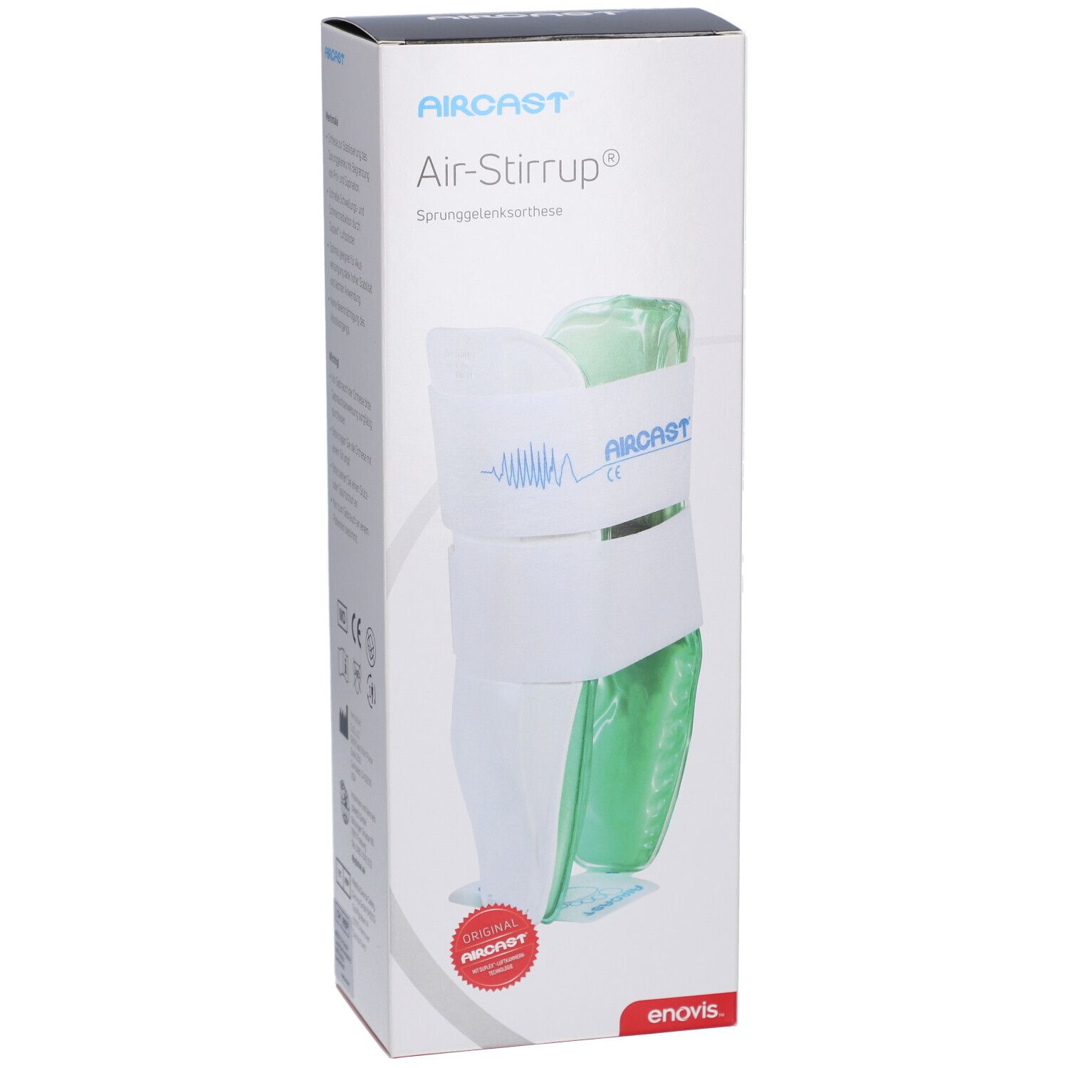 Aircast Air-Stirrup Knöchelorthese in Verpackung. Weiß, grün und blau. CE-Zeichen und rotes Siegel.