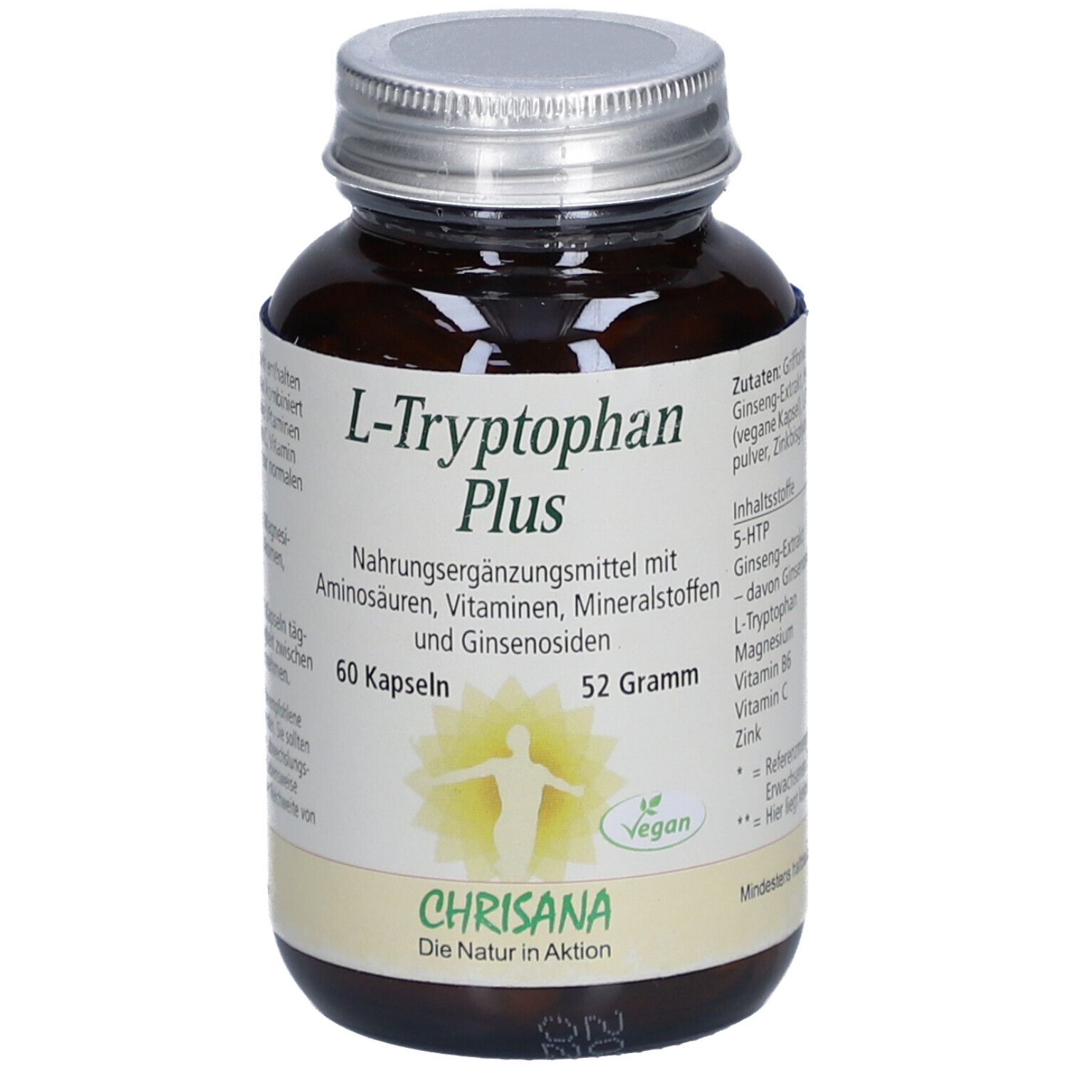 Flacon en verre brun avec couvercle argenté. Étiquette "L-Tryptophan Plus", 60 gélules, 52 grammes, et "CHRISANA".