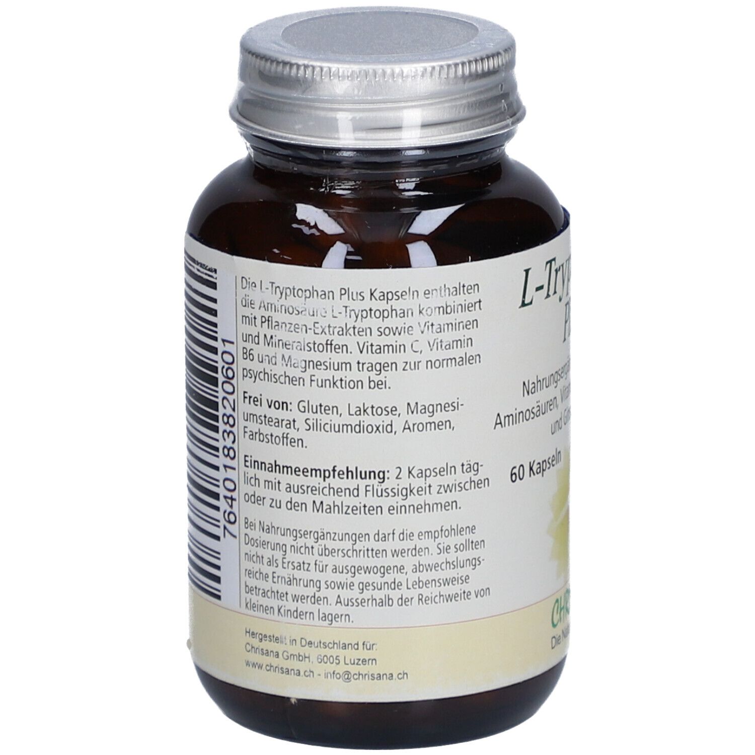 Dos du flacon. Étiquette avec texte sur ingrédients, dosage et avertissements. Code-barres et informations fabricant.