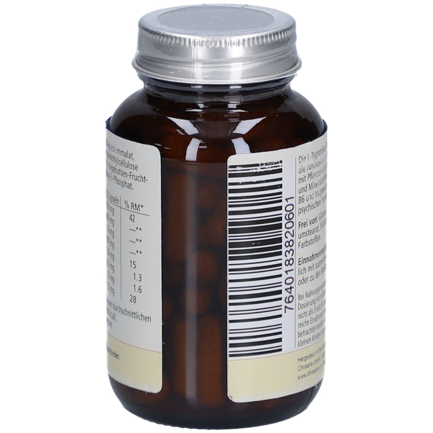 Dos du flacon. Étiquette avec informations nutritionnelles, ingrédients et pourcentages. Code-barres.