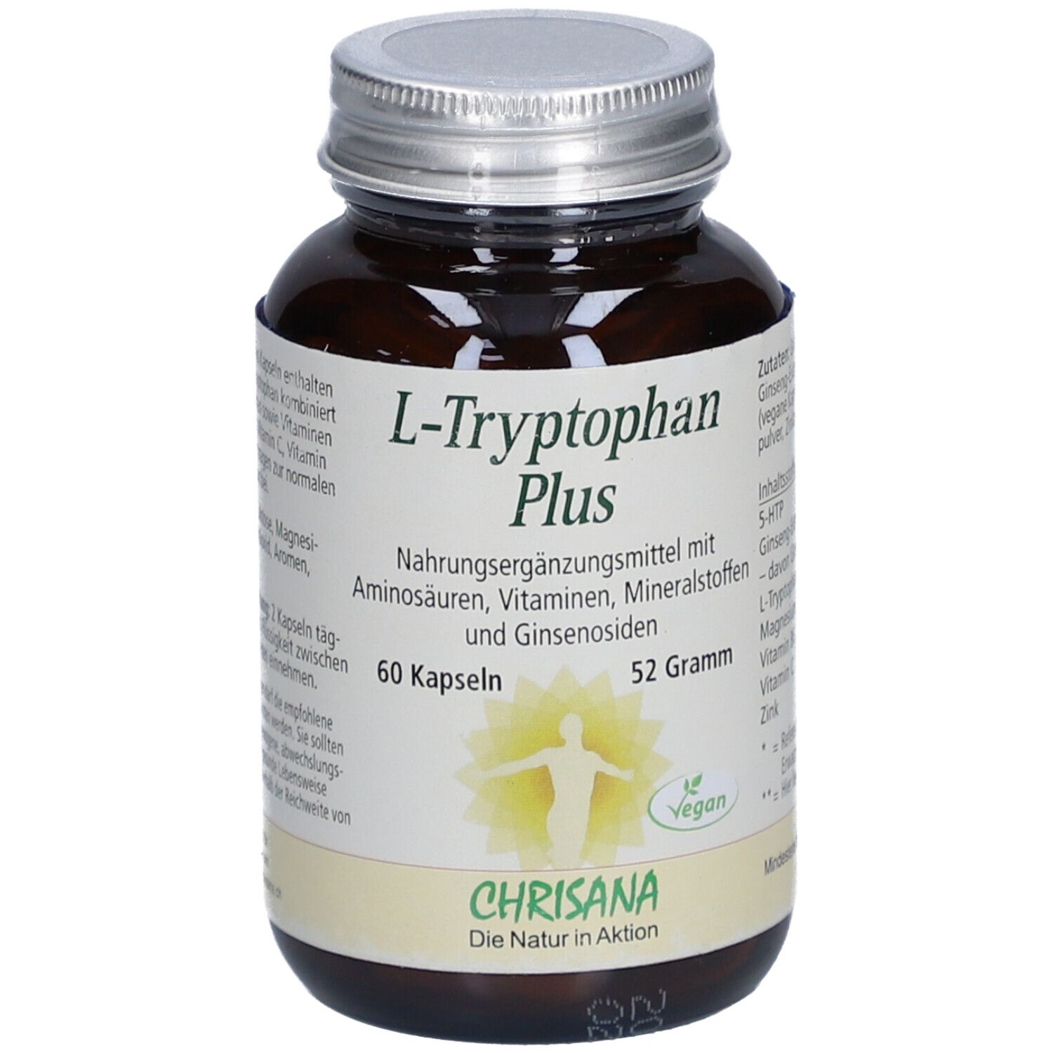 Flacon en verre brun avec couvercle argenté. Étiquette "L-Tryptophan Plus", 60 gélules, 52 grammes, et "CHRISANA".