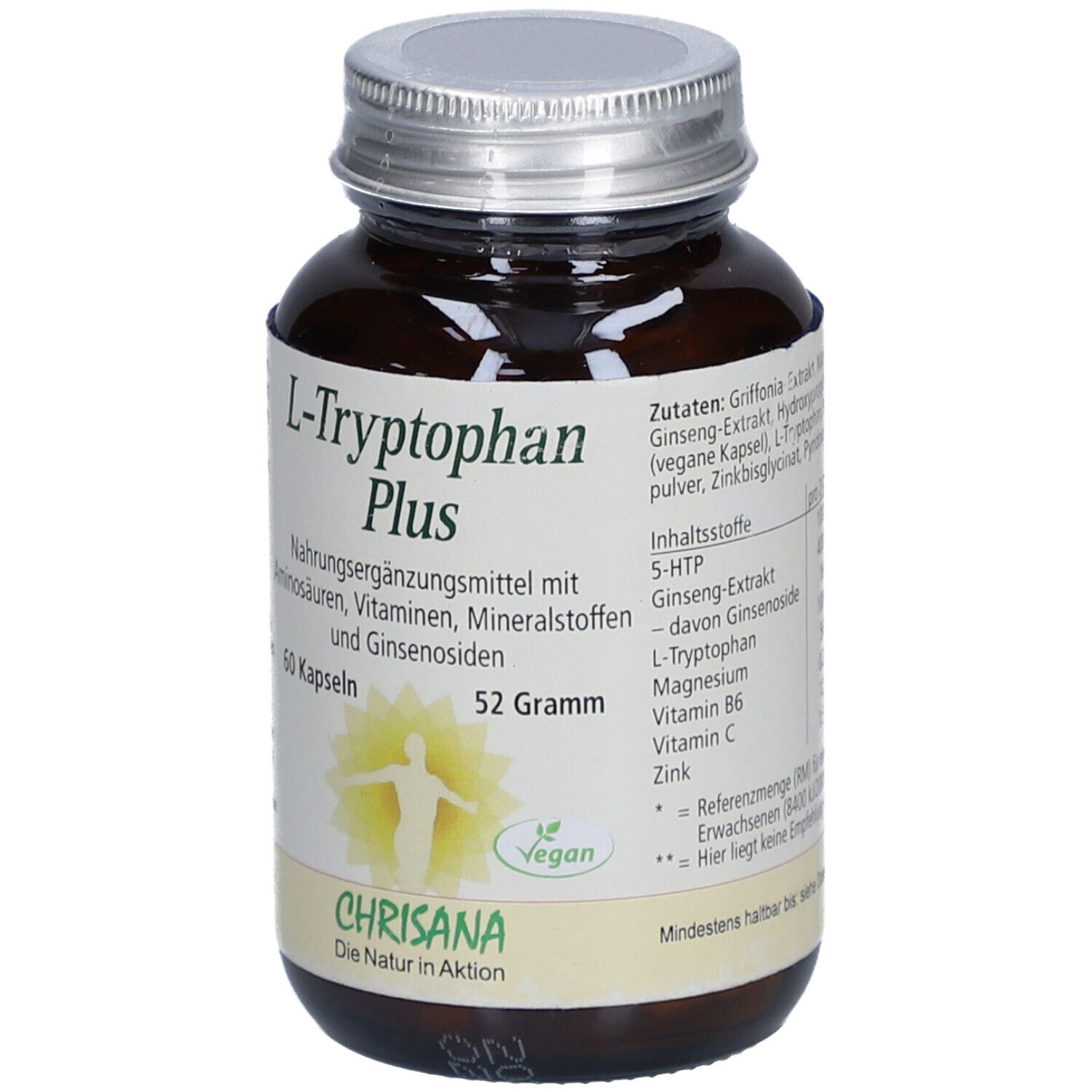 Flacon en verre brun avec couvercle argenté. Étiquette "L-Tryptophan Plus", 60 gélules, 52 grammes, et "CHRISANA".