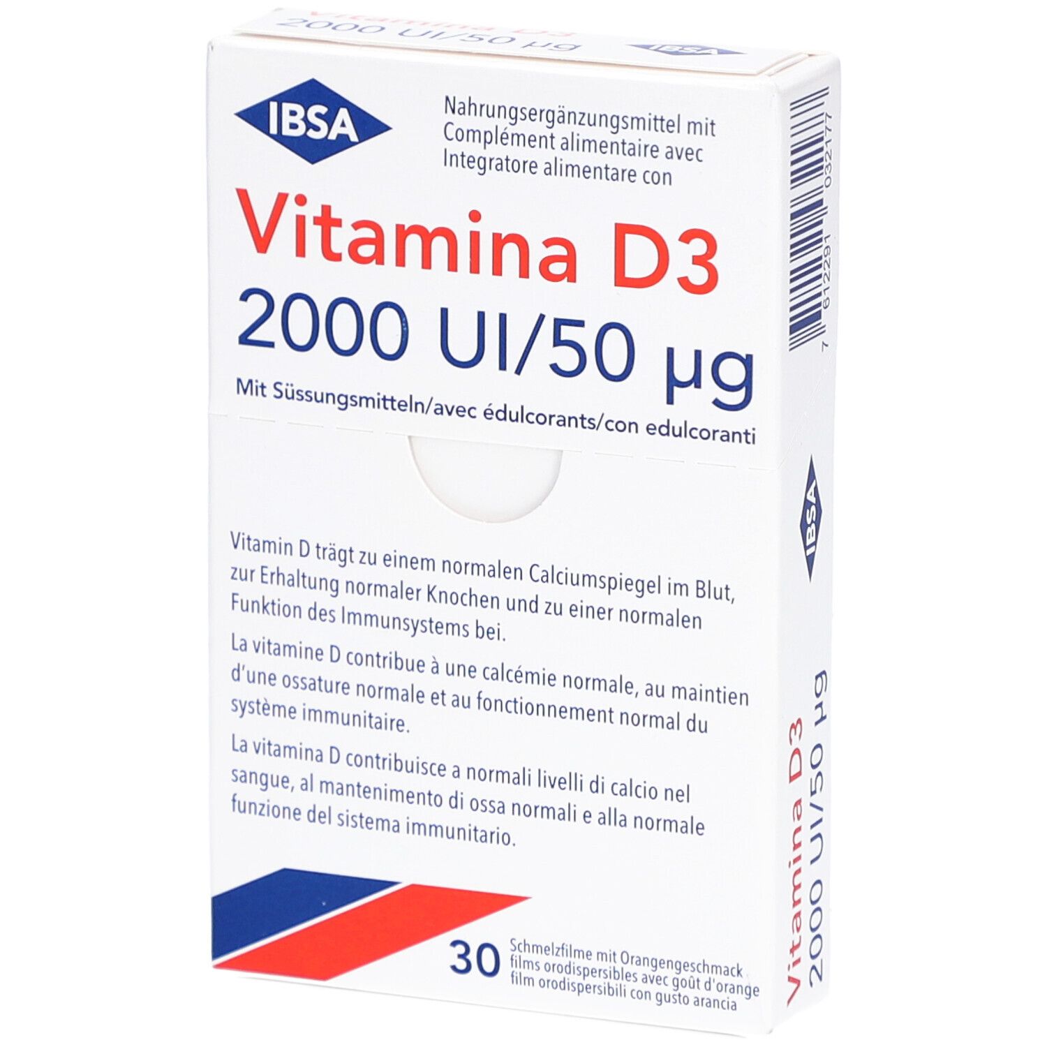 Weiße Schachtel mit IBSA-Logo und Text: Vitamina D3 2000 UI/50 µg. Enthält 30 Schmelzfilme. Text in Deutsch, Französisch, Italienisch.